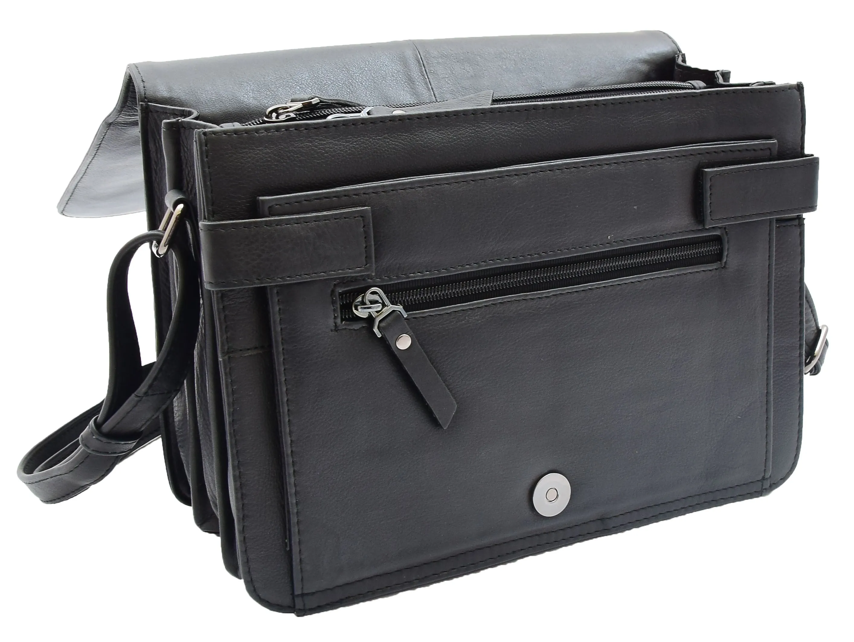 DR352 Women's Leather Cross Body Bag Flap Over Messenger Office Organiser Black