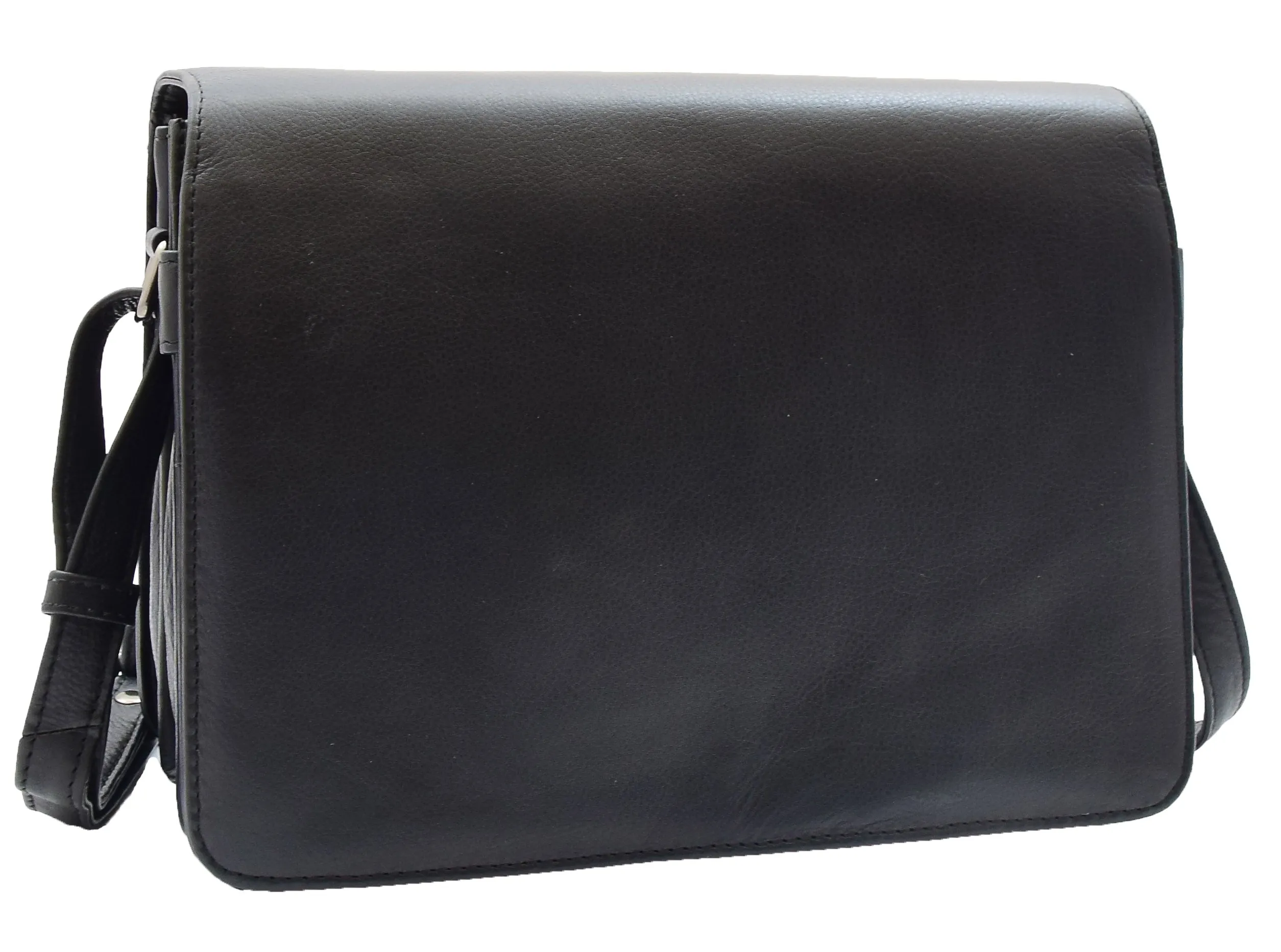 DR352 Women's Leather Cross Body Bag Flap Over Messenger Office Organiser Black