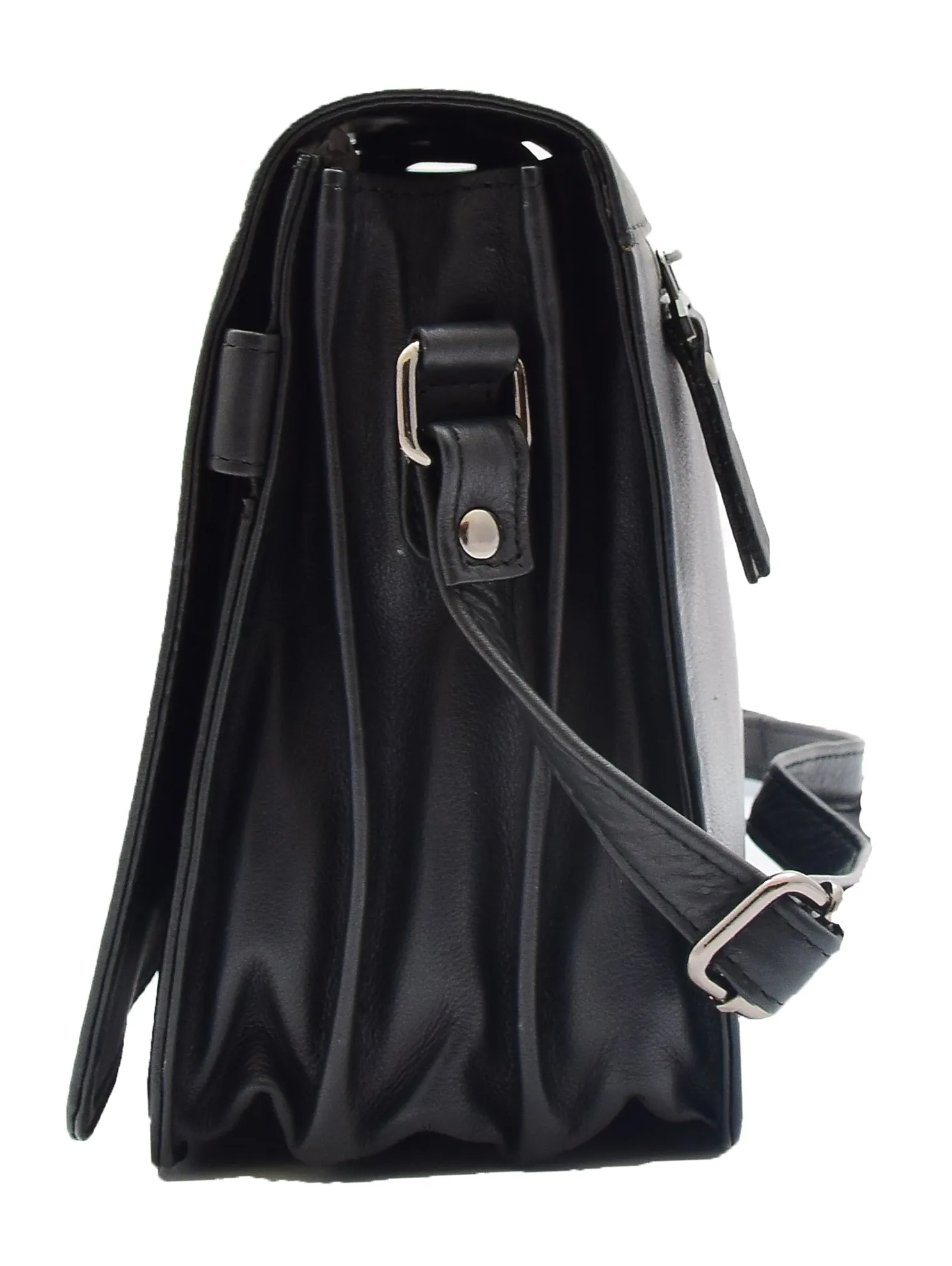 DR352 Women's Leather Cross Body Bag Flap Over Messenger Office Organiser Black