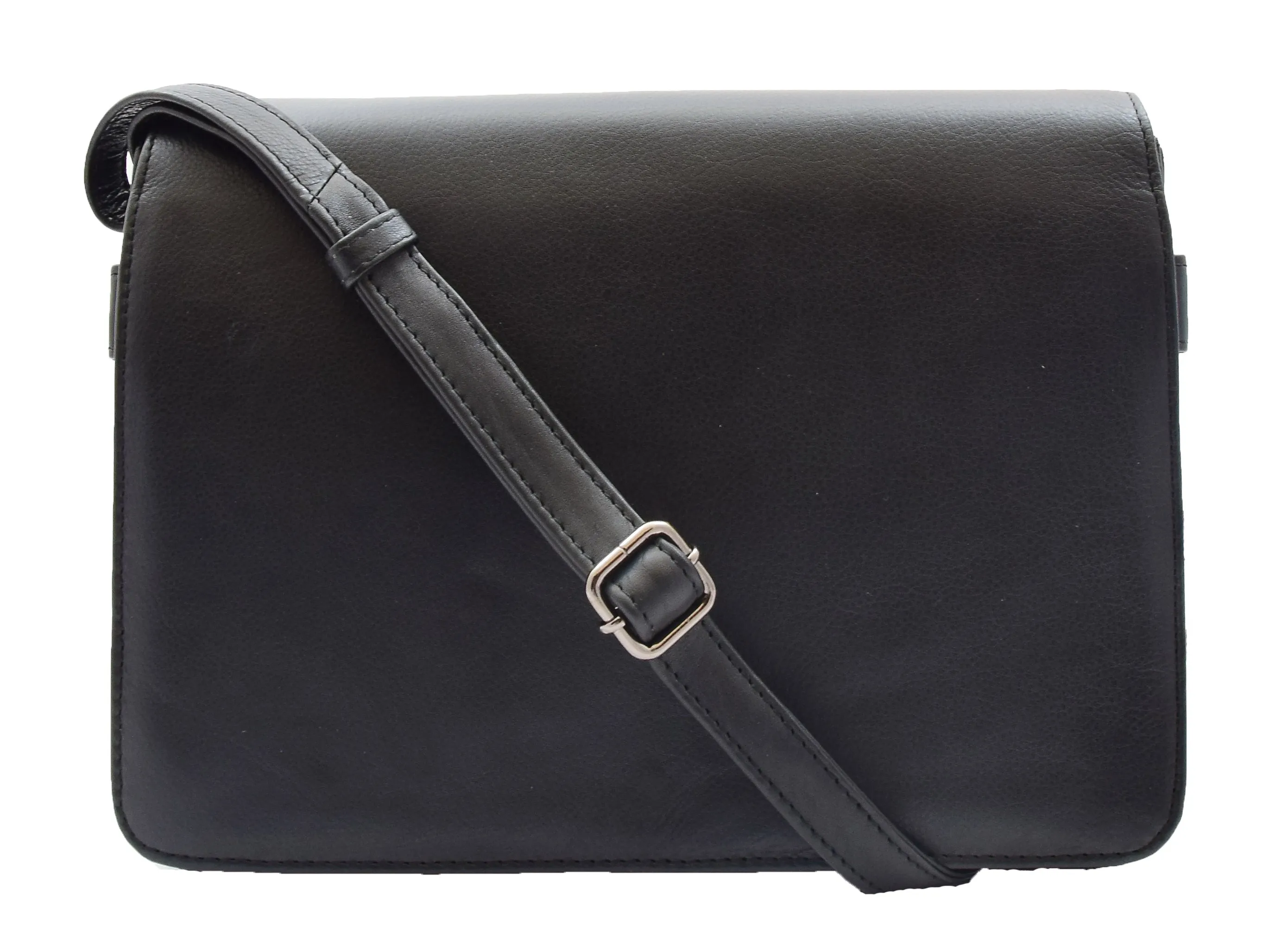 DR352 Women's Leather Cross Body Bag Flap Over Messenger Office Organiser Black
