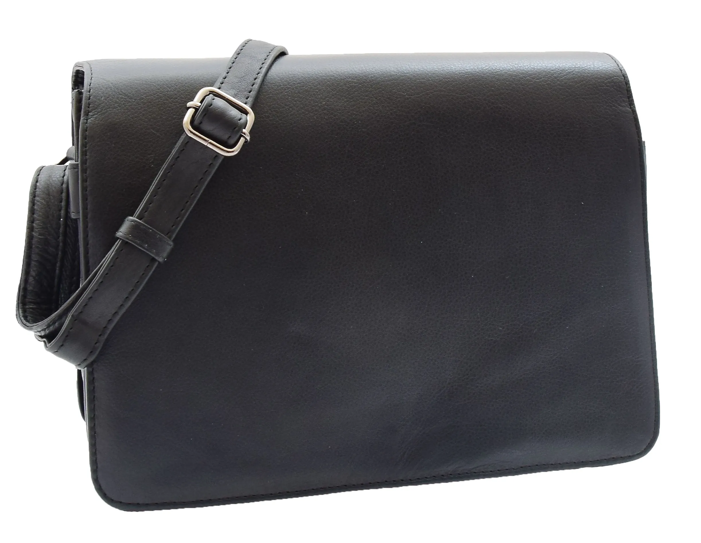 DR352 Women's Leather Cross Body Bag Flap Over Messenger Office Organiser Black