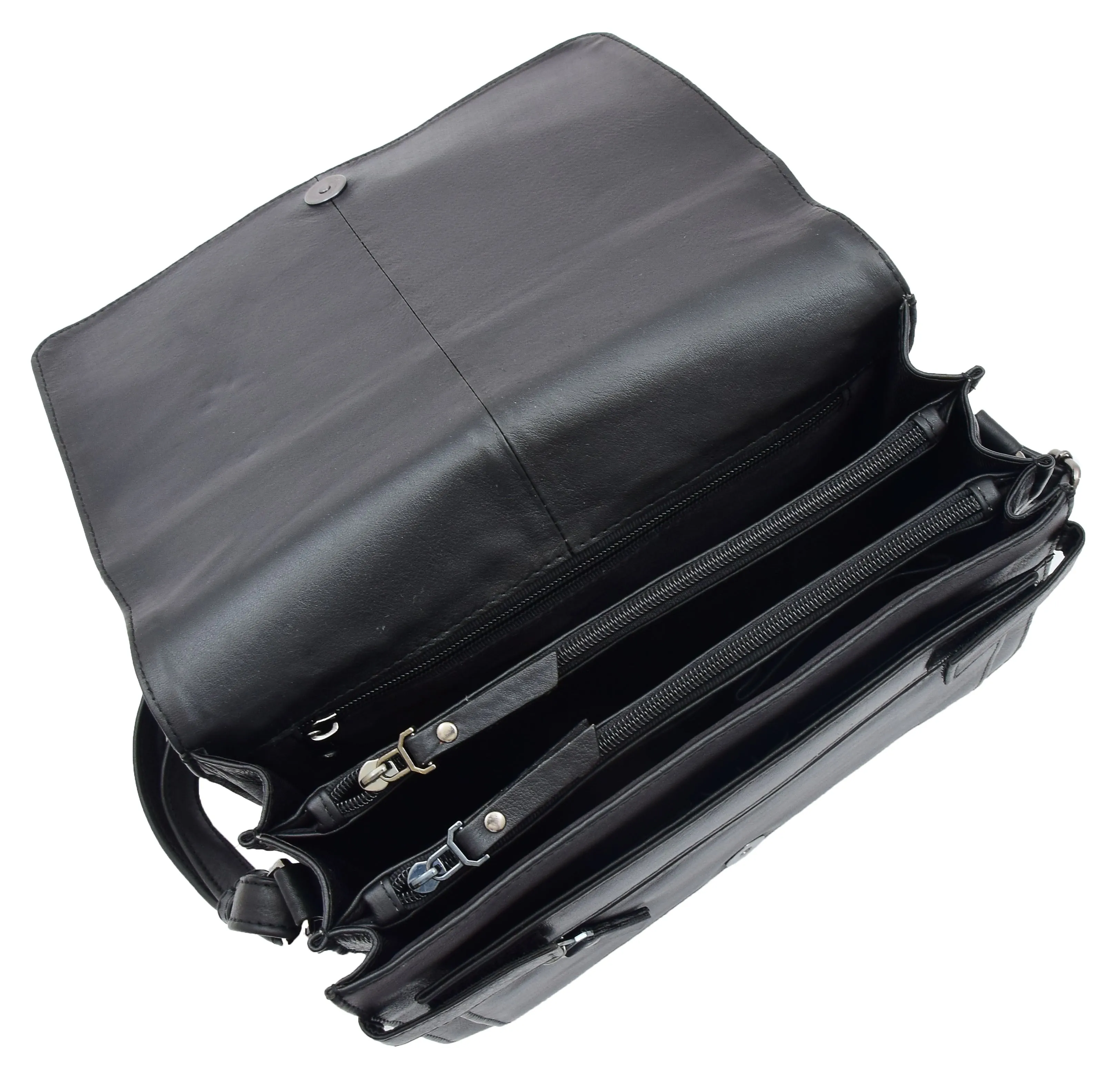 DR352 Women's Leather Cross Body Bag Flap Over Messenger Office Organiser Black