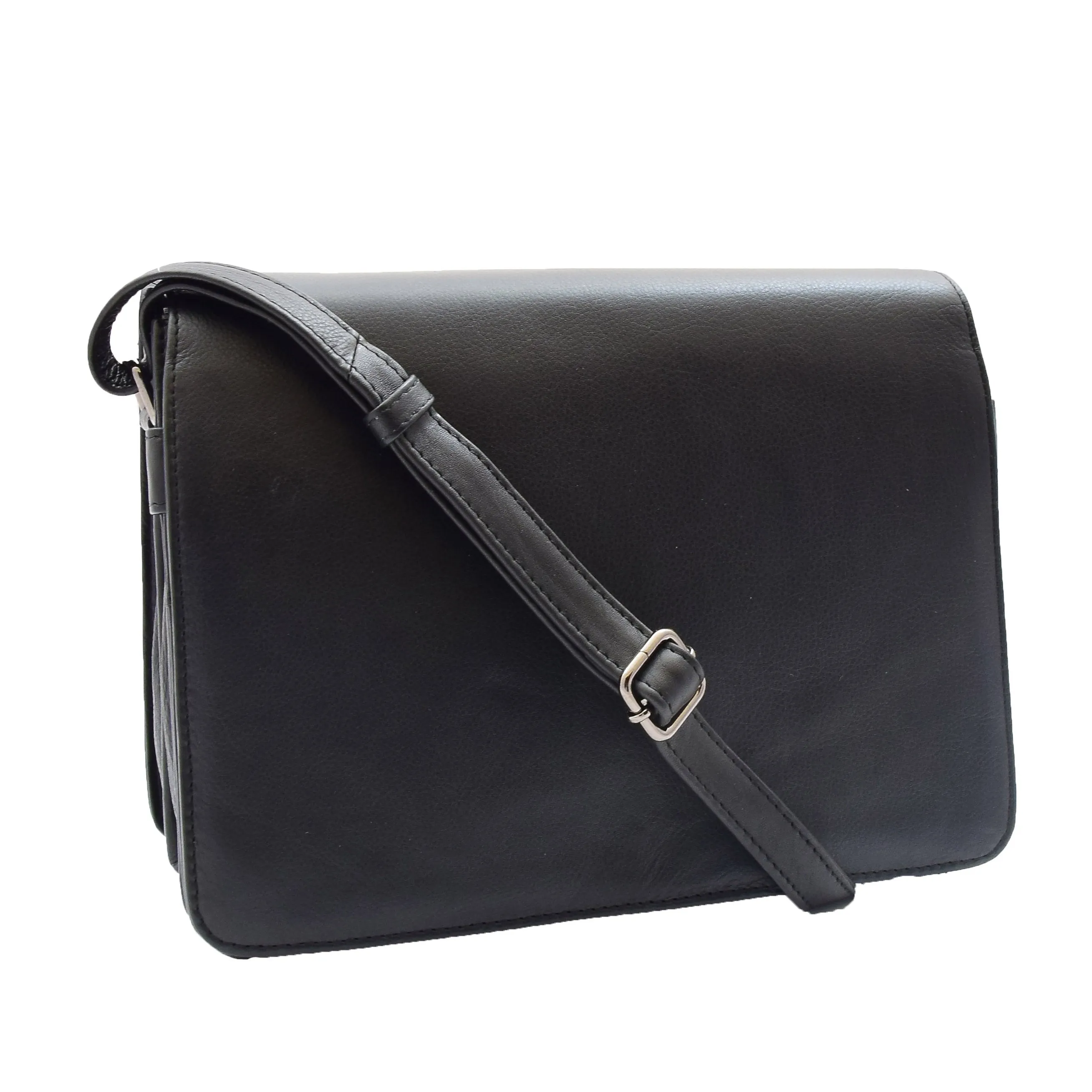 DR352 Women's Leather Cross Body Bag Flap Over Messenger Office Organiser Black
