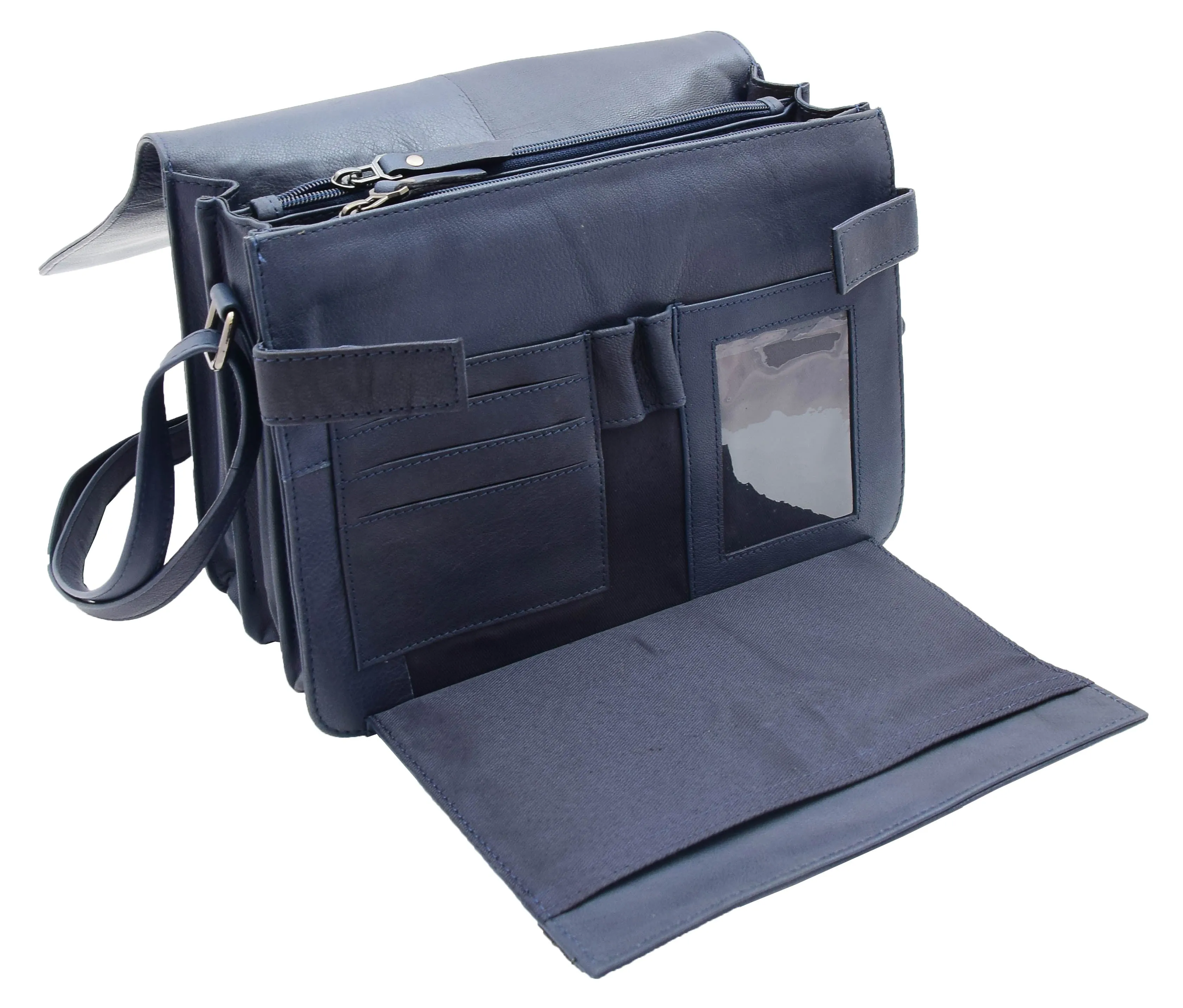 DR352 Women's Leather Cross Body Bag Flap Over Messenger Office Organiser Navy