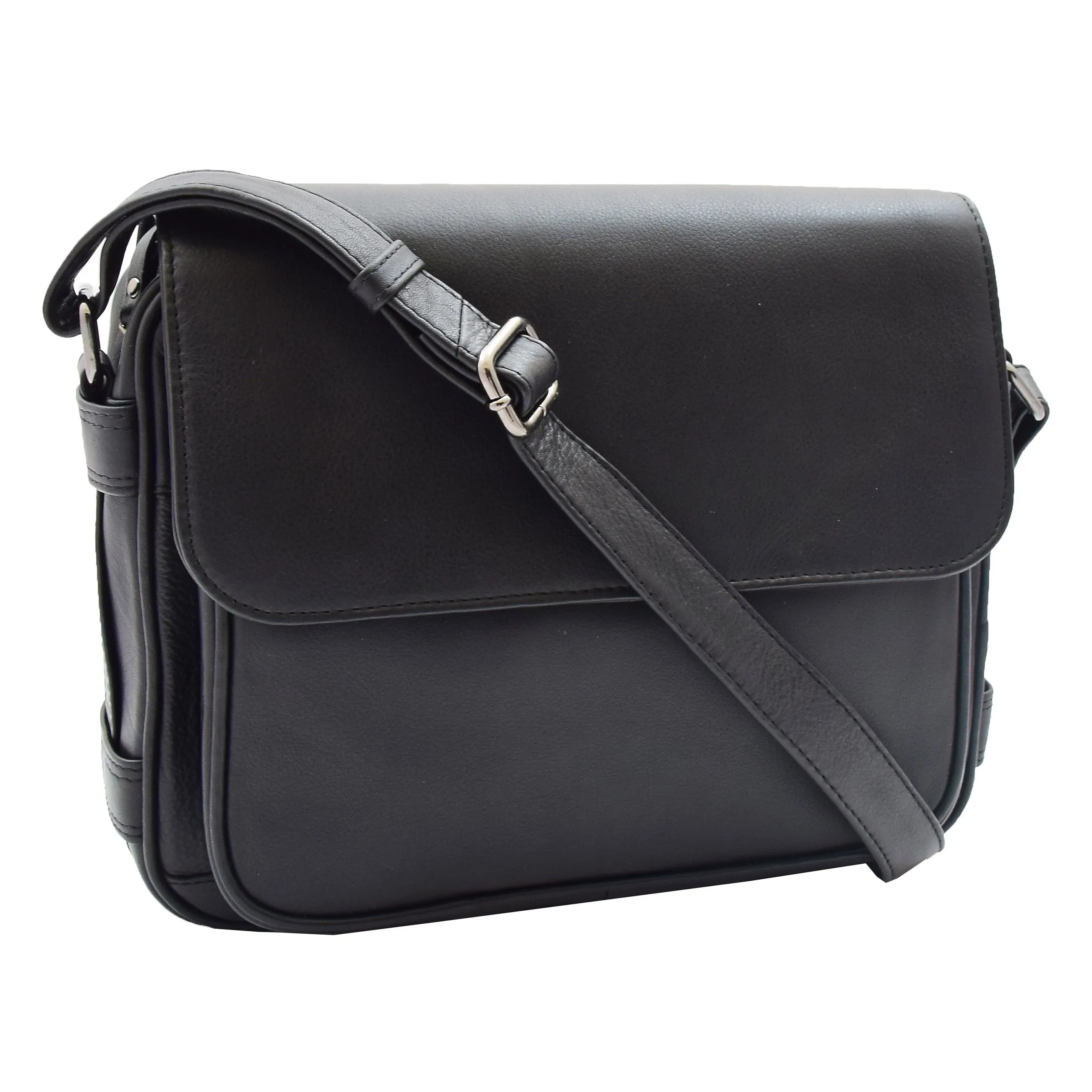 DR353 Women's Leather Cross Body Bag Casual Flap over Organiser Black