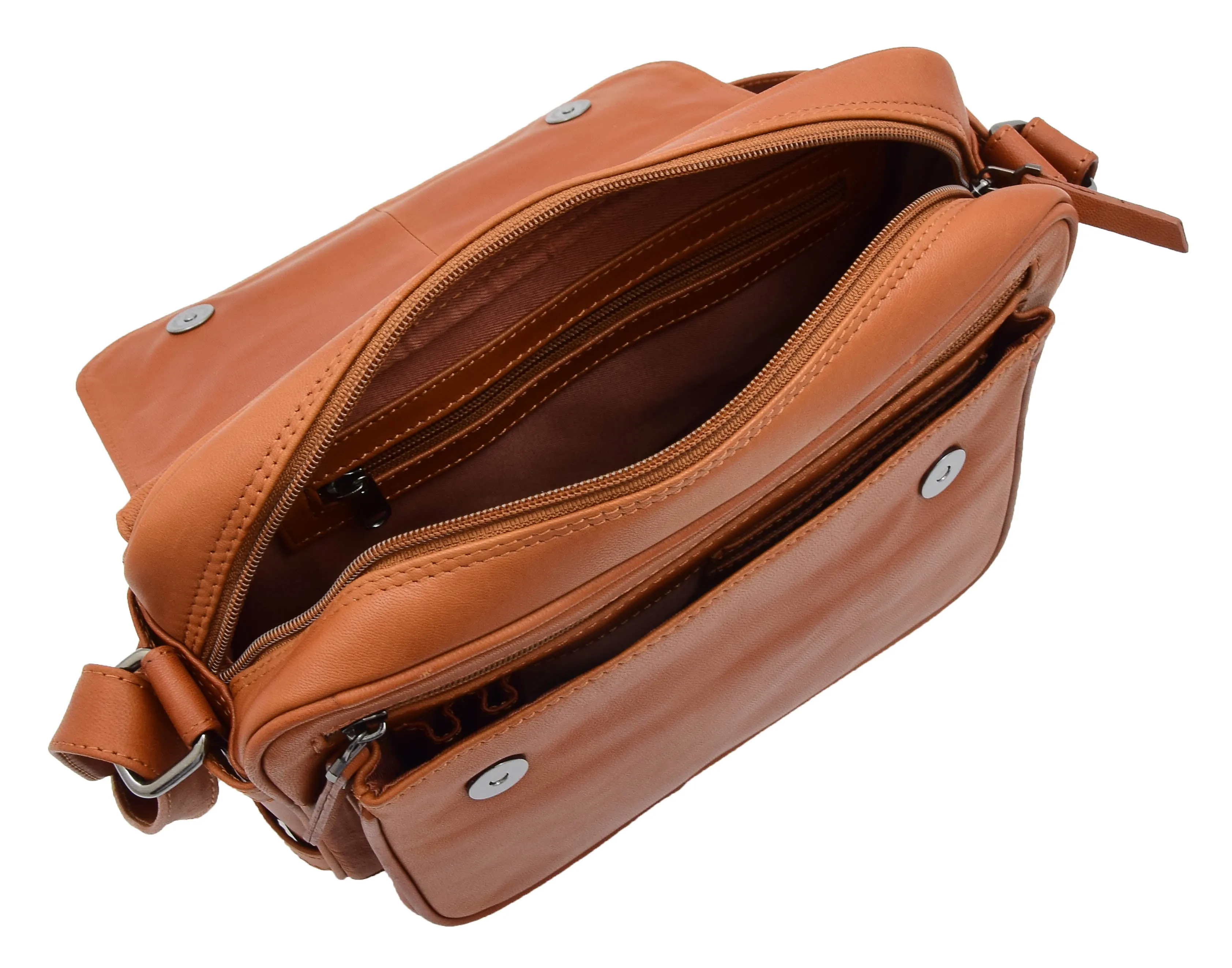 DR353 Women's Leather Cross Body Bag Casual Flap over Organiser Cognac