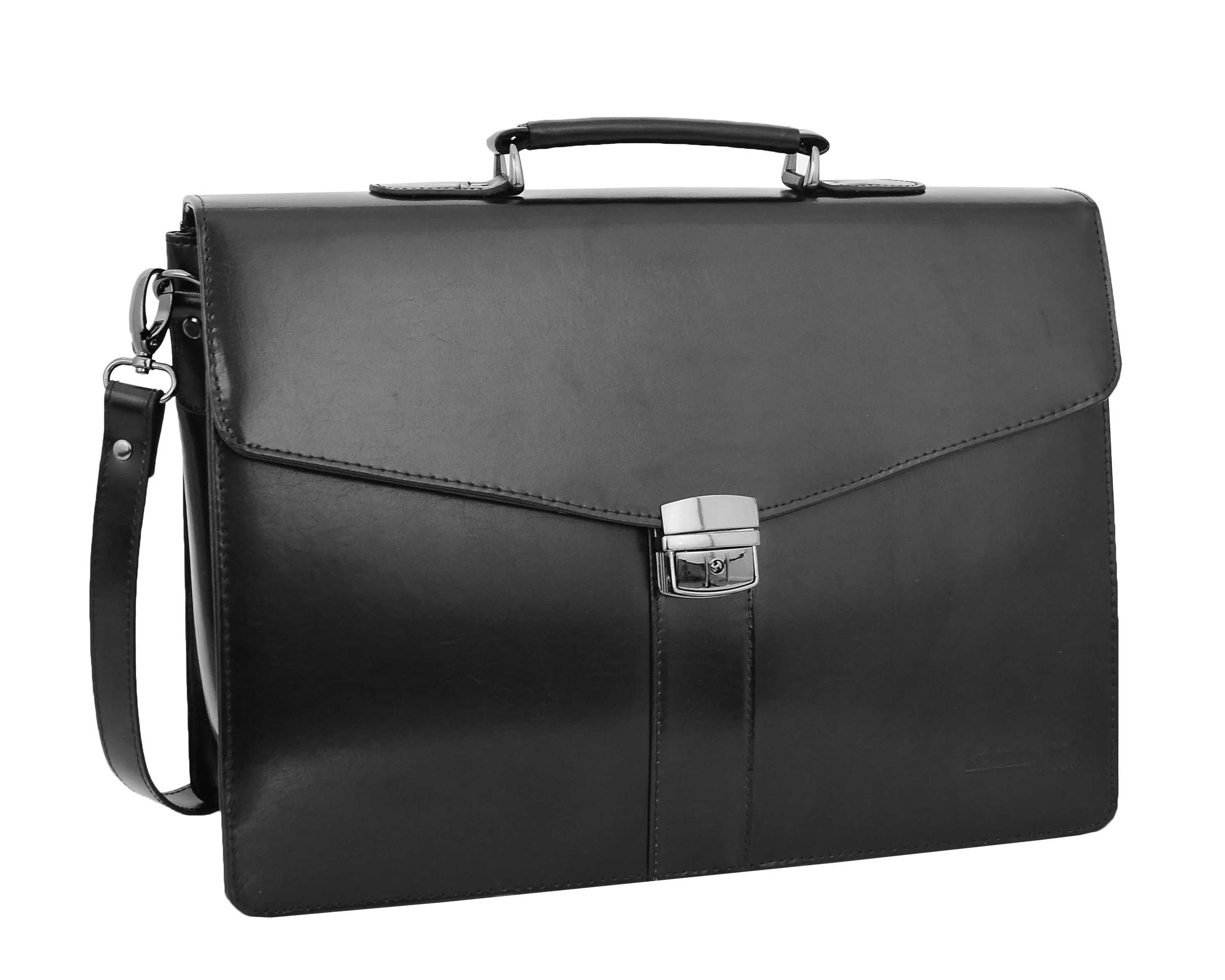 DR474 Men's Leather Flap Over Briefcase Black