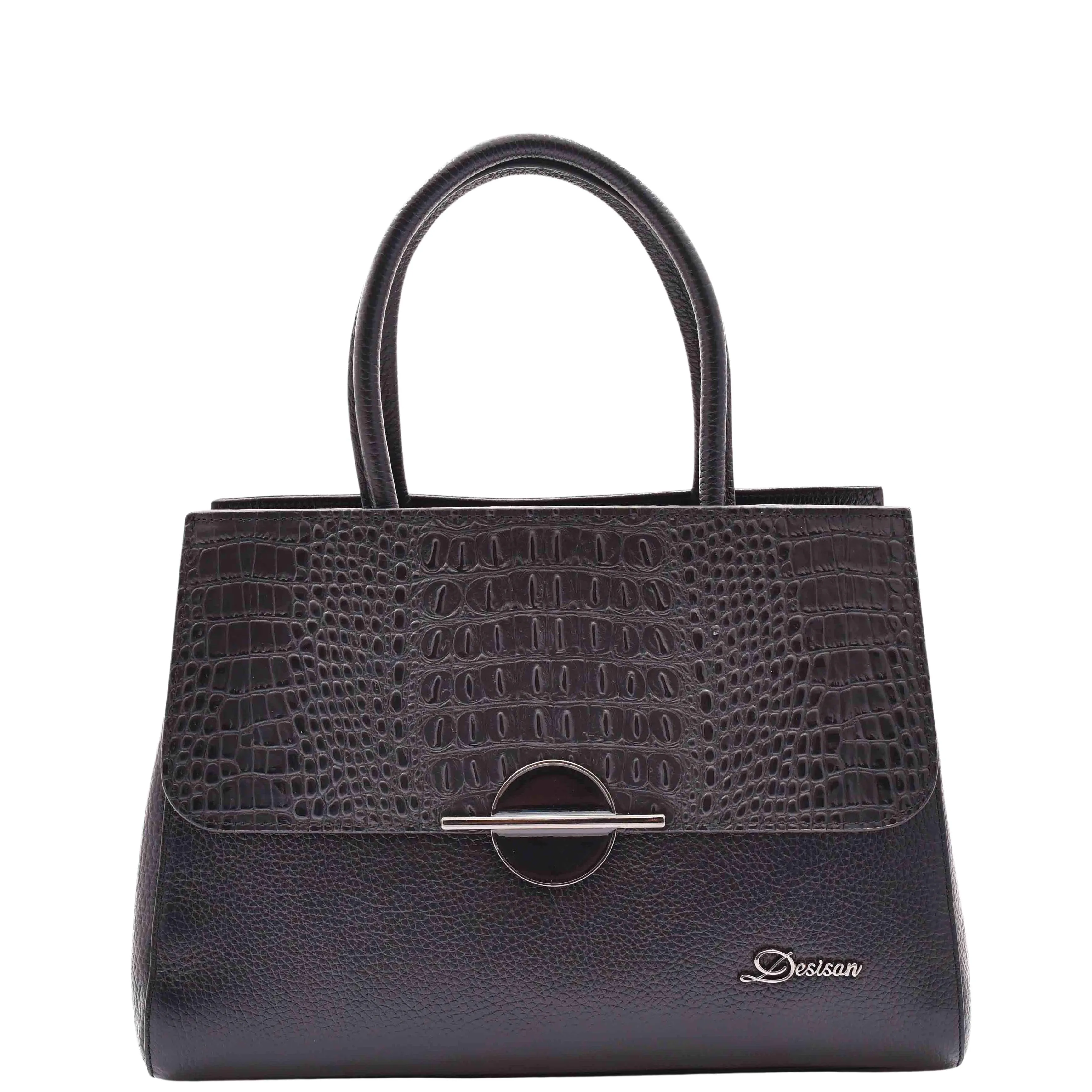 DR580 Women's Genuine Leather Long Strap Croc Print Handbag Black