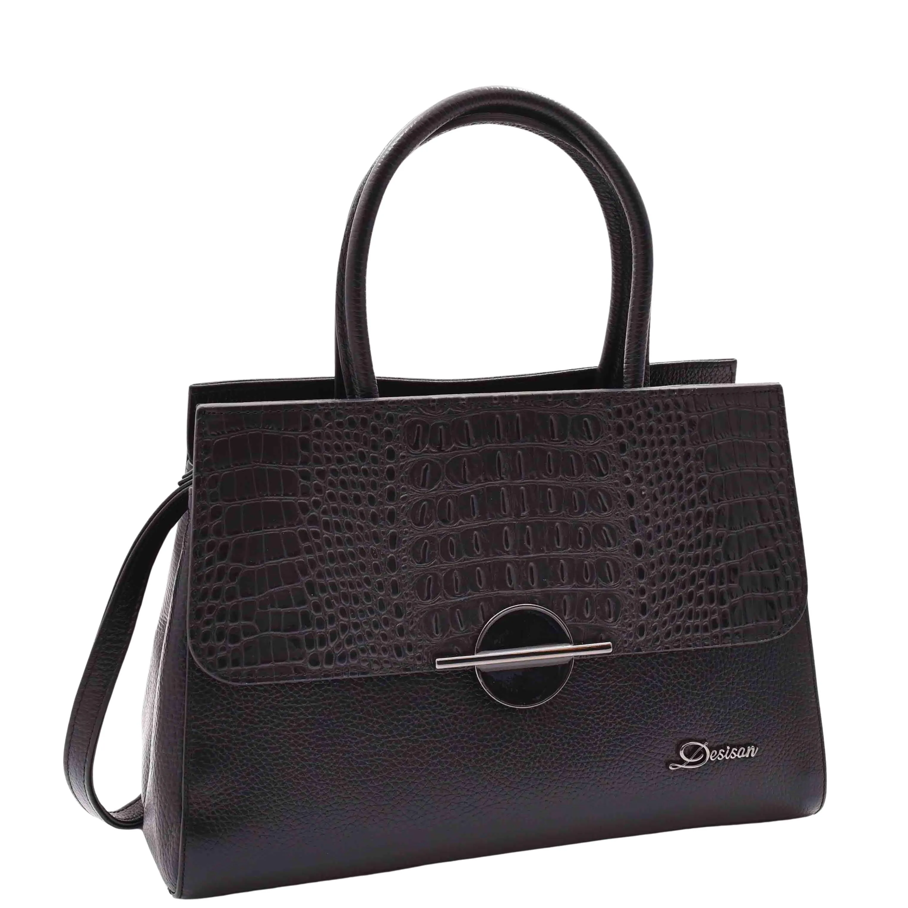 DR580 Women's Genuine Leather Long Strap Croc Print Handbag Black