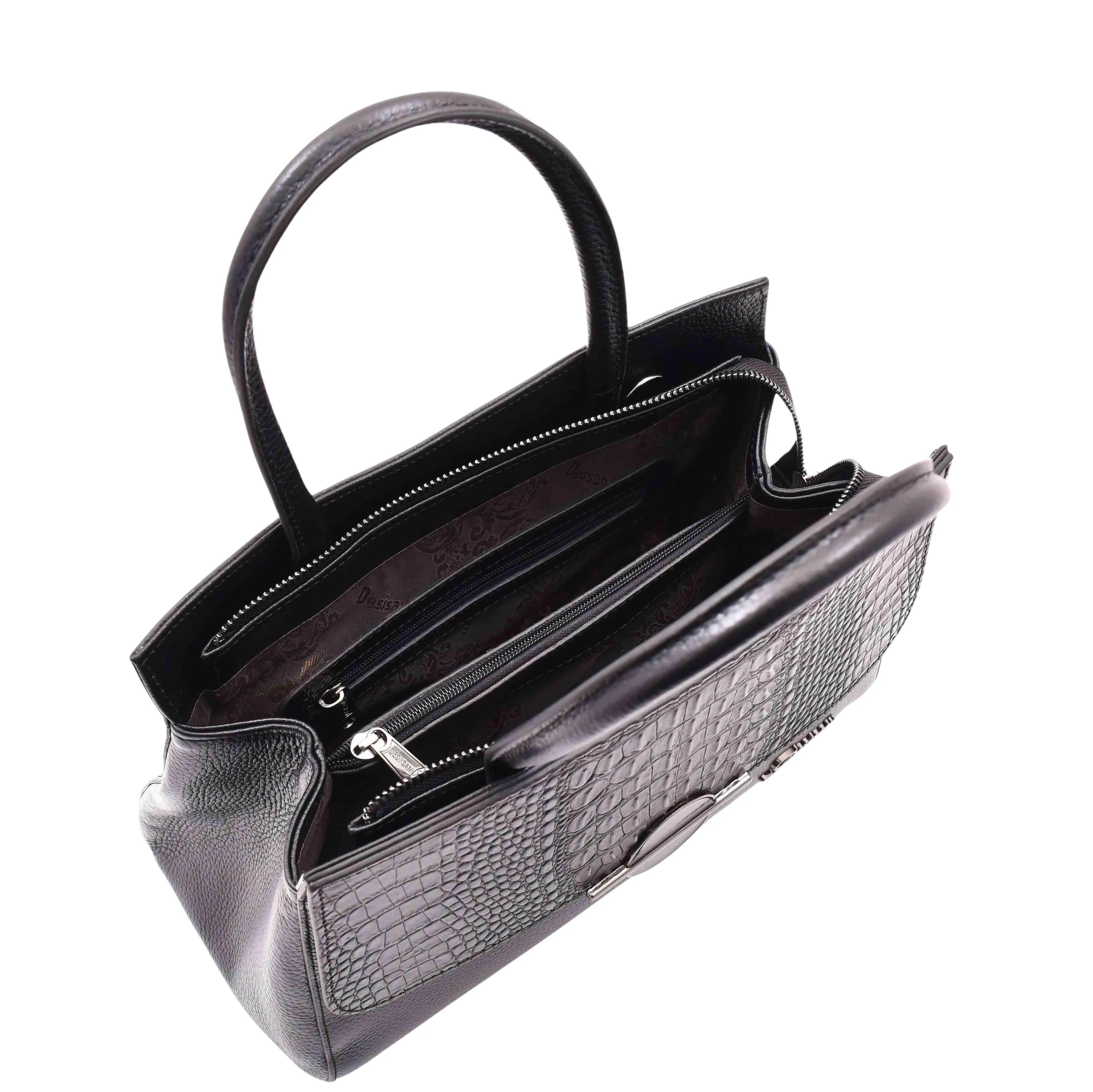 DR580 Women's Genuine Leather Long Strap Croc Print Handbag Black