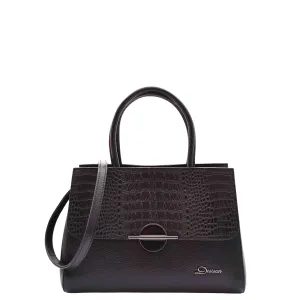 DR580 Women's Genuine Leather Long Strap Croc Print Handbag Black