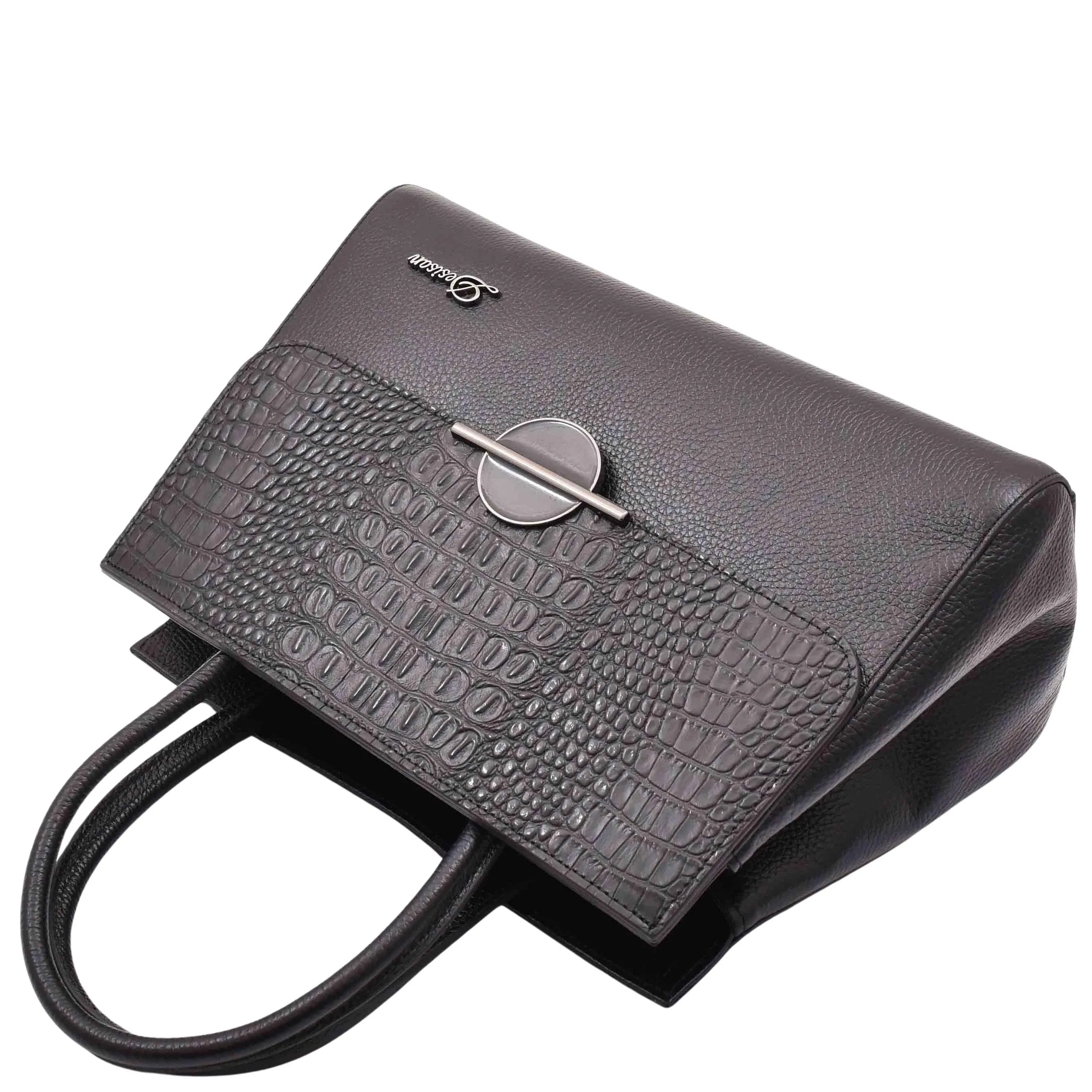 DR580 Women's Genuine Leather Long Strap Croc Print Handbag Black