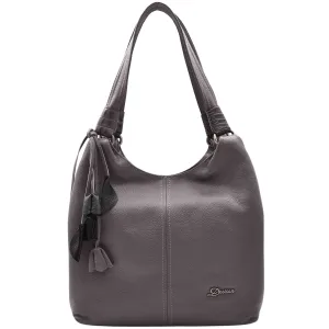 DR583 Women's Large Leather Hobo Bag With Zip Opening Grey