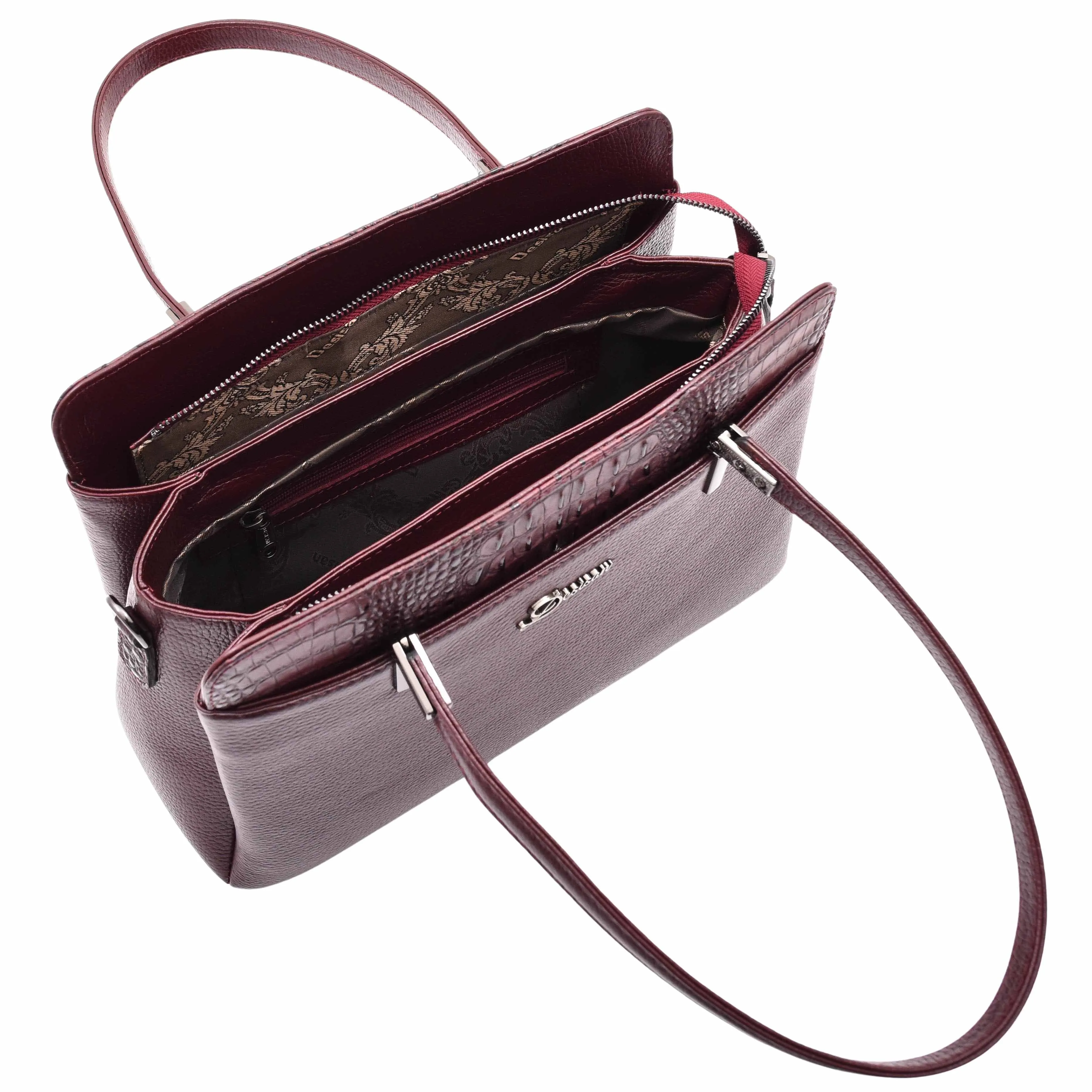 DR589 Women's Leather Medium Size Tote Zip Shoulder Bag Burgundy