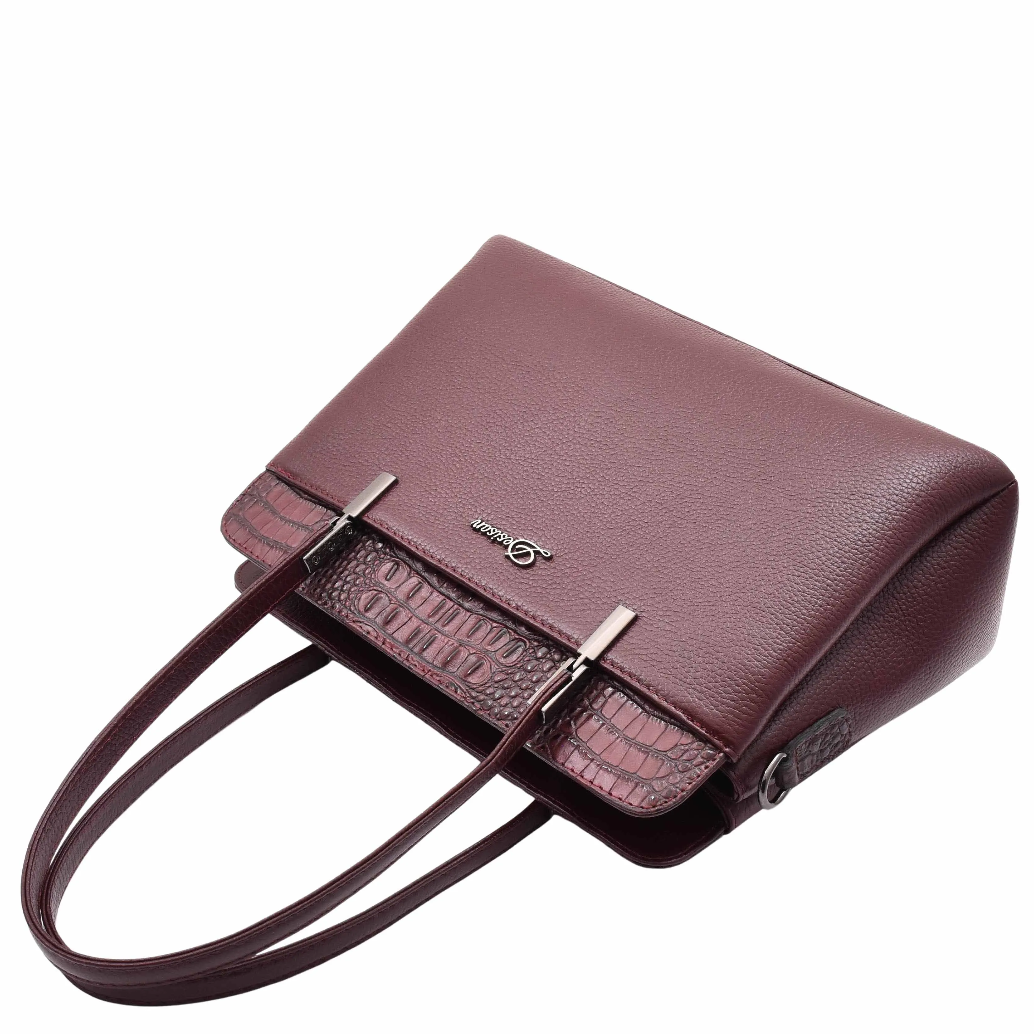 DR589 Women's Leather Medium Size Tote Zip Shoulder Bag Burgundy