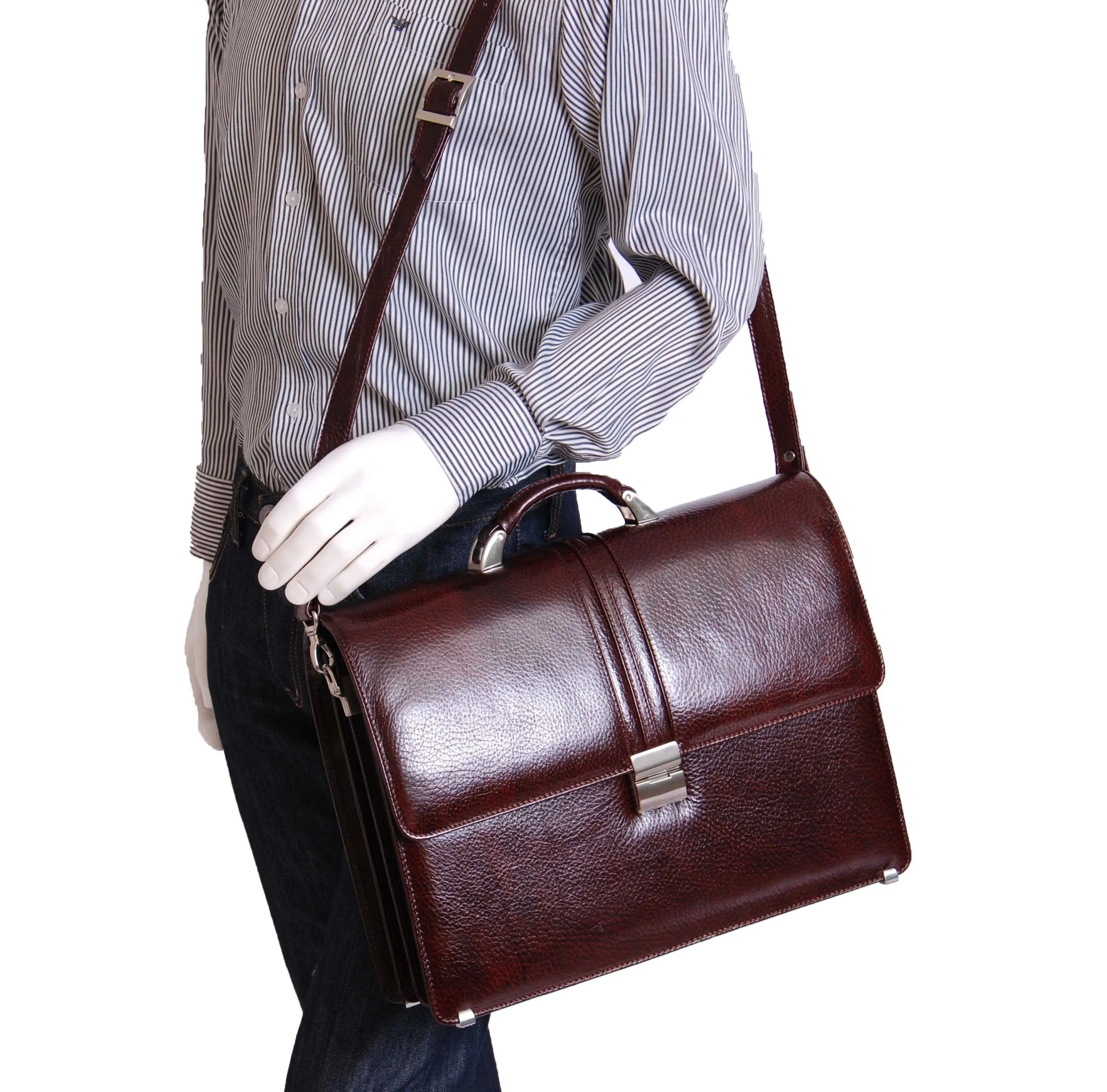 DR600 Men's Genuine Leather Cross Body Briefcase Brown