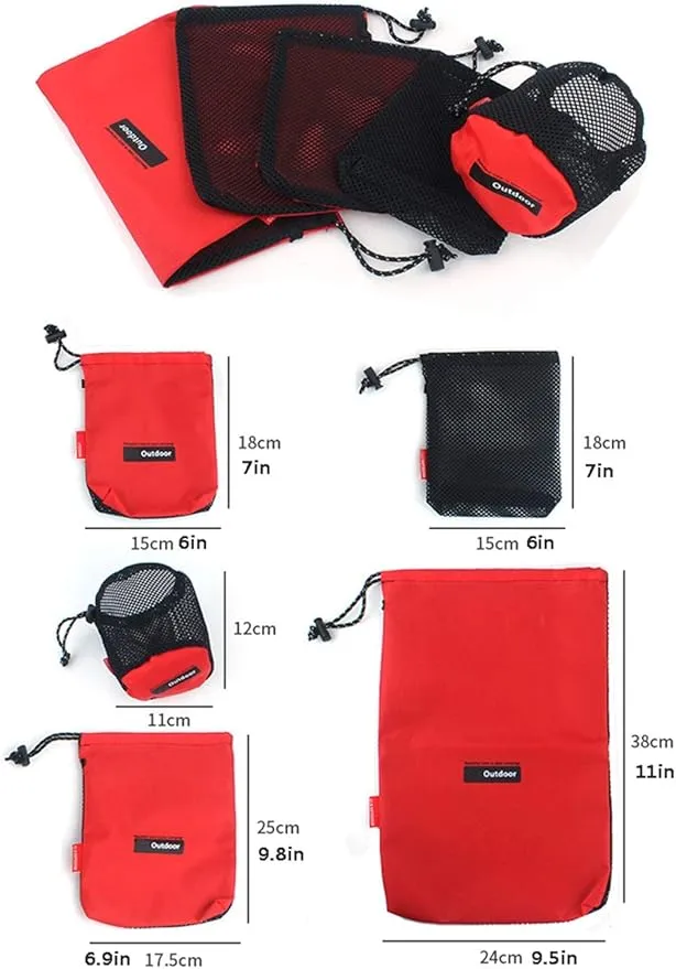 Drawstring Bag Nylon Cinch and Ditty Stuff Pouch,Mesh-Stuff-Sack for Camping Travel Gym Sports Storage 5-in-1