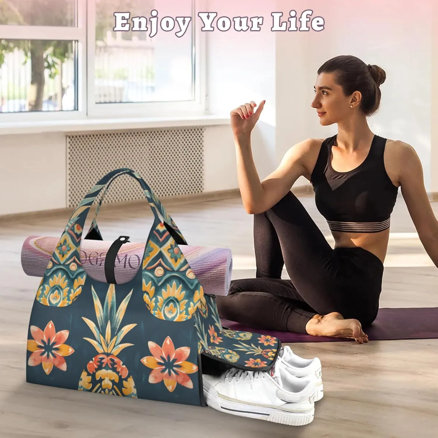 Duffel Bag Yoga Bag for WomenPineapples Printed Beach Bag with Shoe Storage & Yoga Mat Strap