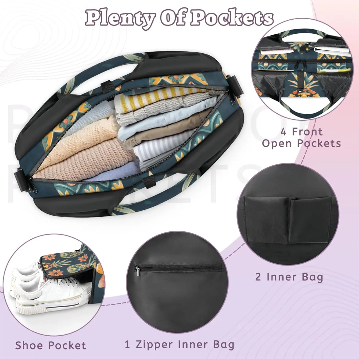 Duffel Bag Yoga Bag for WomenPineapples Printed Beach Bag with Shoe Storage & Yoga Mat Strap