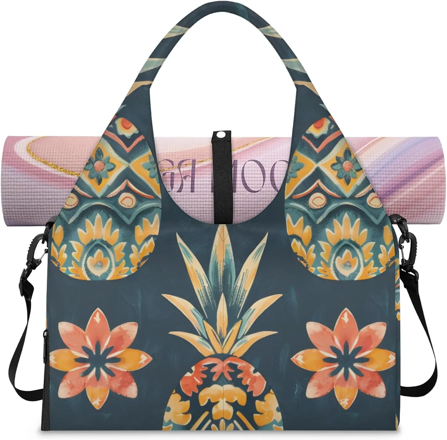 Duffel Bag Yoga Bag for WomenPineapples Printed Beach Bag with Shoe Storage & Yoga Mat Strap
