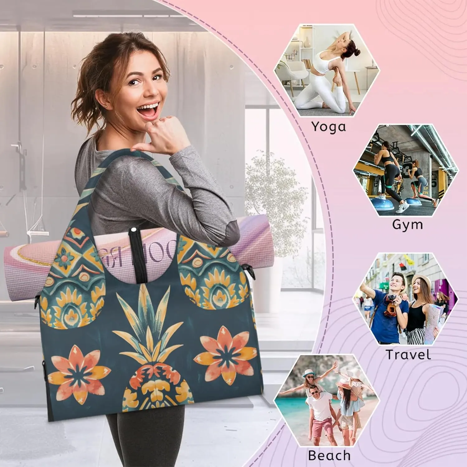 Duffel Bag Yoga Bag for WomenPineapples Printed Beach Bag with Shoe Storage & Yoga Mat Strap