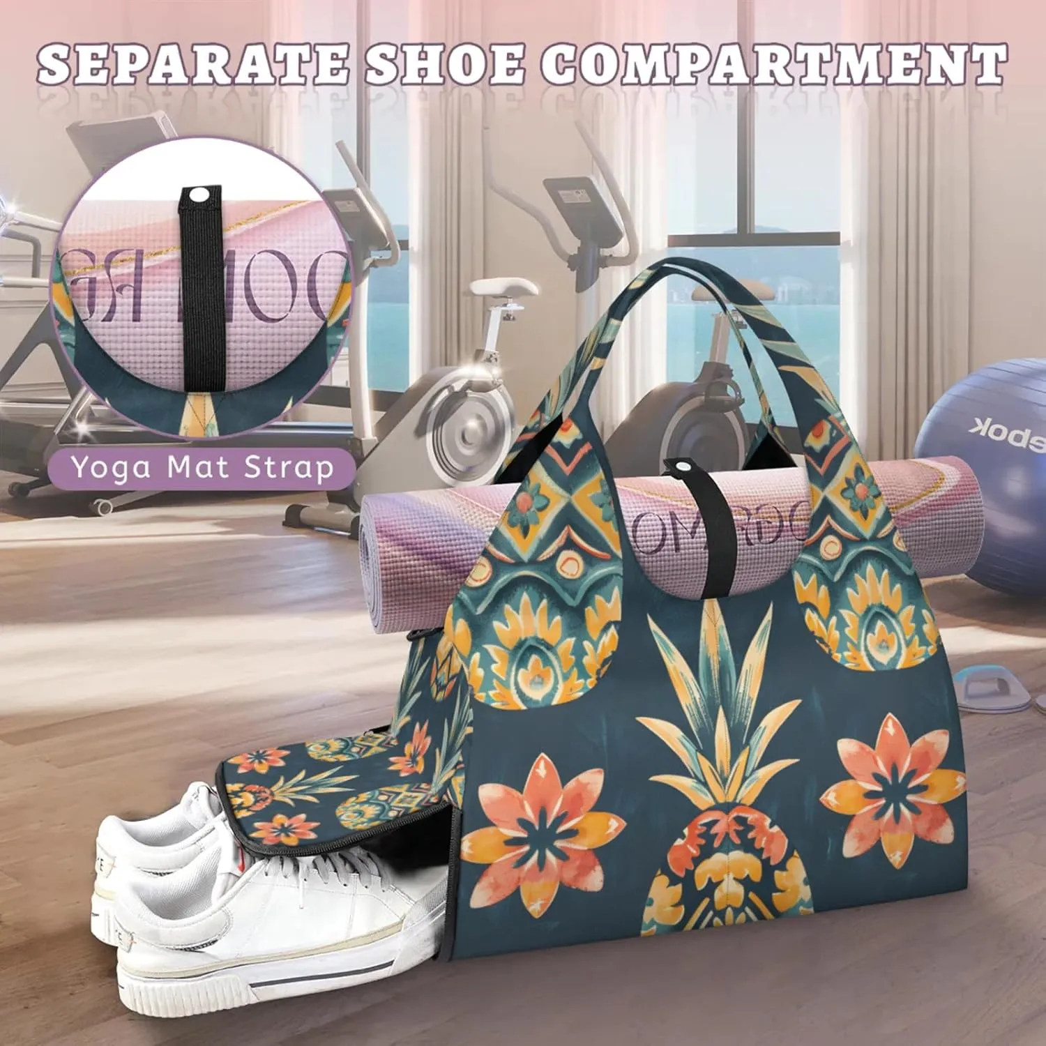 Duffel Bag Yoga Bag for WomenPineapples Printed Beach Bag with Shoe Storage & Yoga Mat Strap