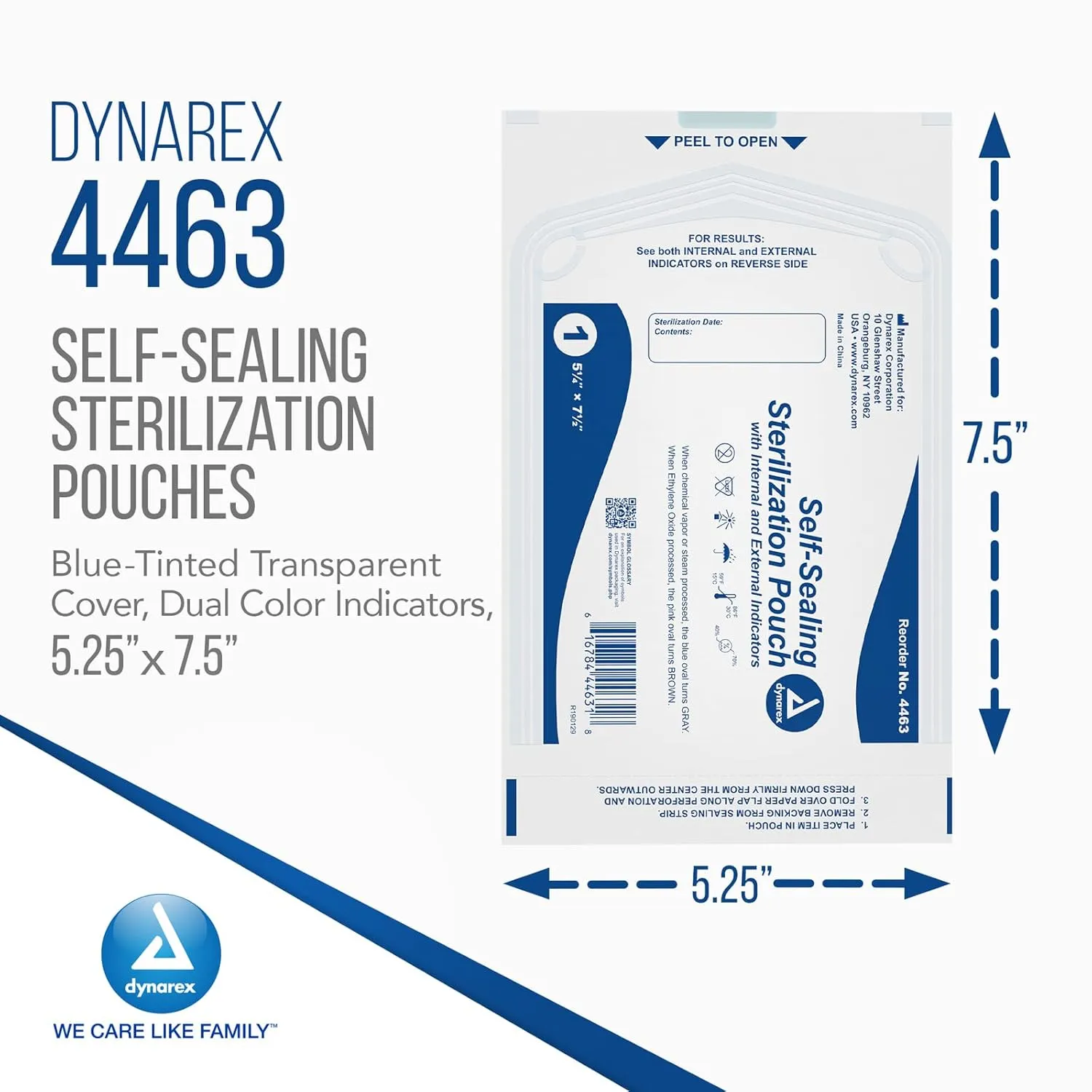 Dynarex Sterilization Pouches - Self-Sealing Autoclave Bags for Medical, Dental, Tattoo & Nail Care Tools - Blue-Tinted Transparent Cover, Dual Color Indicators (5.25" x 7.5", 200)