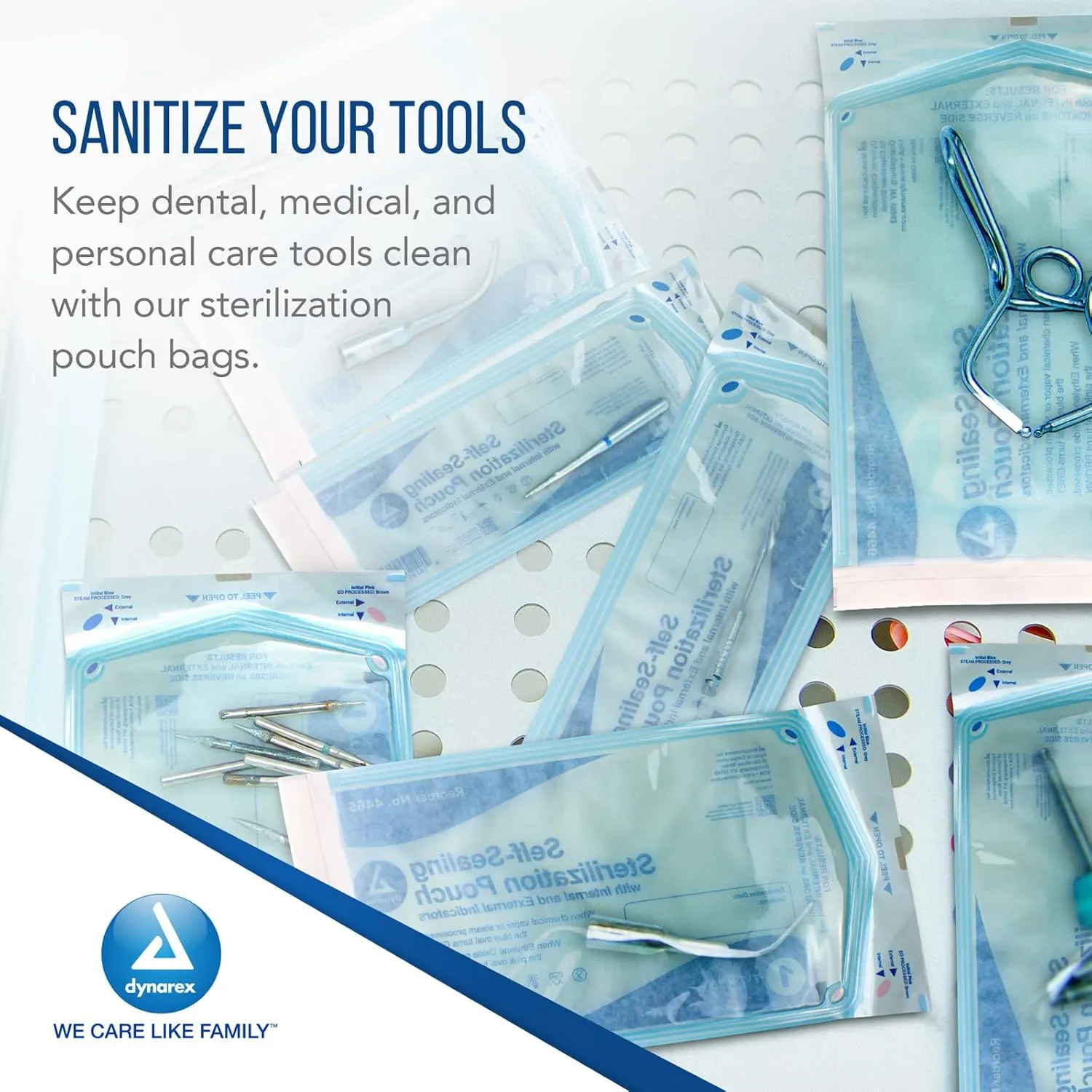 Dynarex Sterilization Pouches - Self-Sealing Autoclave Bags for Medical, Dental, Tattoo & Nail Care Tools - Blue-Tinted Transparent Cover, Dual Color Indicators (5.25" x 7.5", 200)