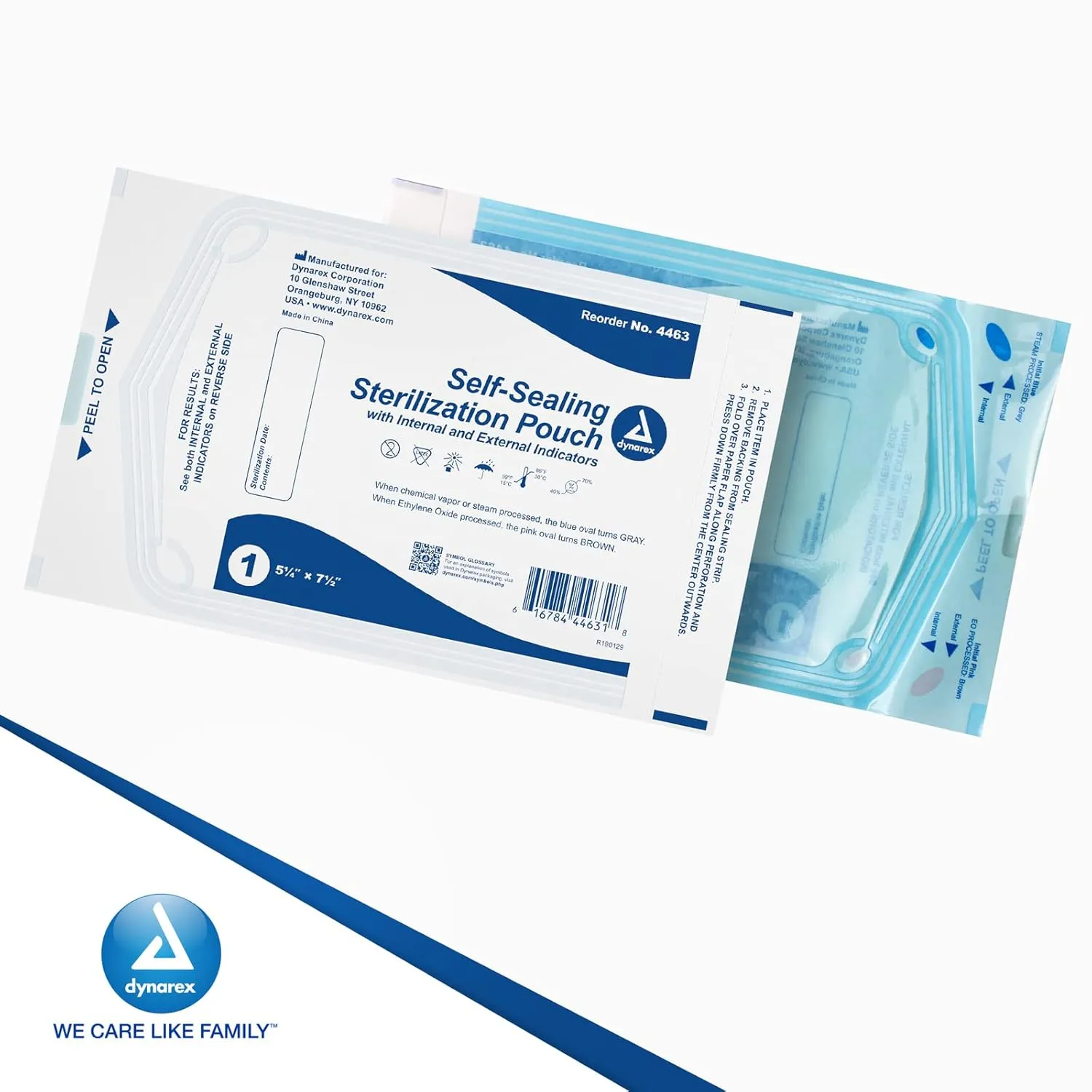 Dynarex Sterilization Pouches - Self-Sealing Autoclave Bags for Medical, Dental, Tattoo & Nail Care Tools - Blue-Tinted Transparent Cover, Dual Color Indicators (5.25" x 7.5", 200)