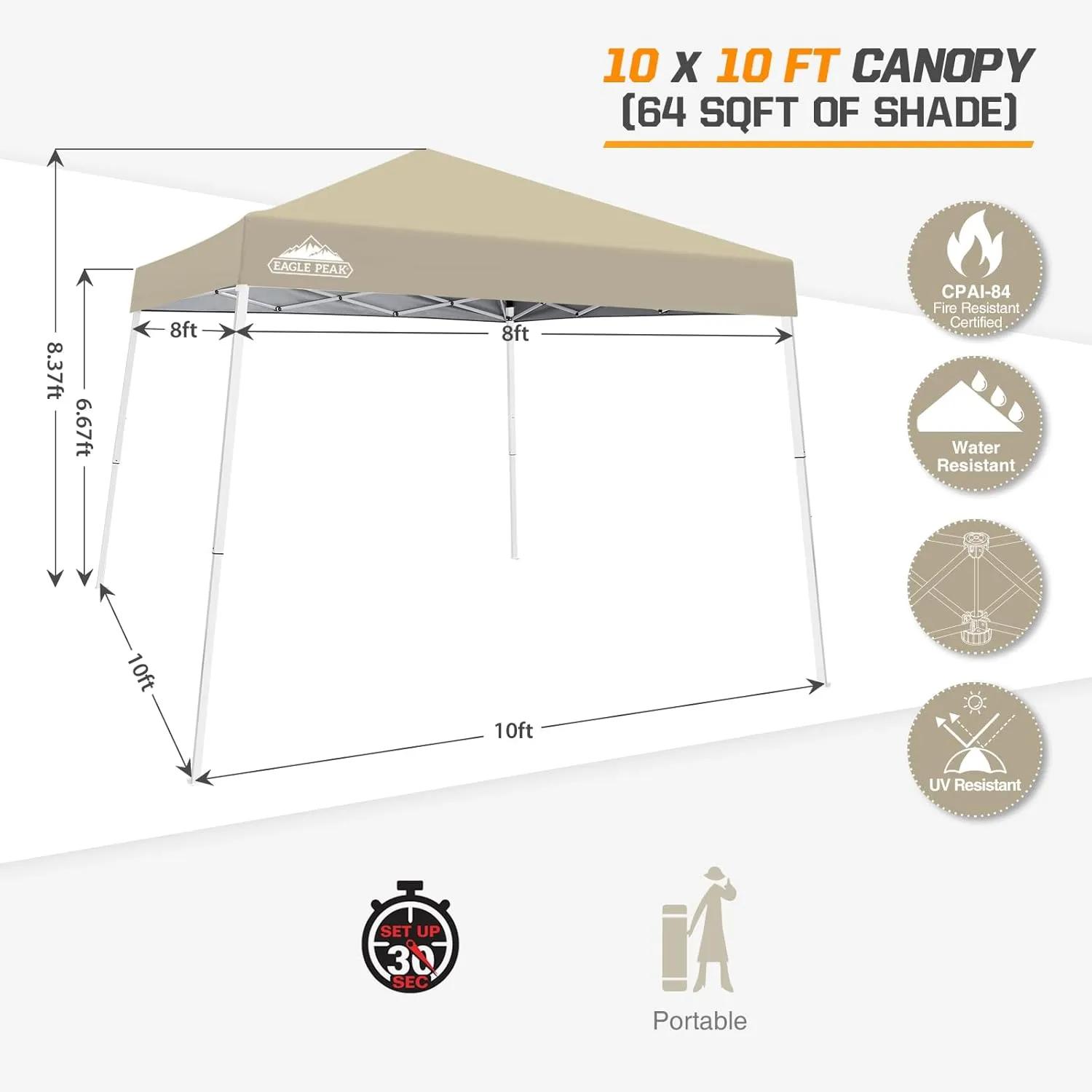EAGLE PEAK 10x10 Slant Leg Pop-up Canopy Tent Easy One Person Setup Instant Outdoor Beach Canopy Folding Portable Sports Shelter 10x10 Base 8x8 Top (Light Beige)