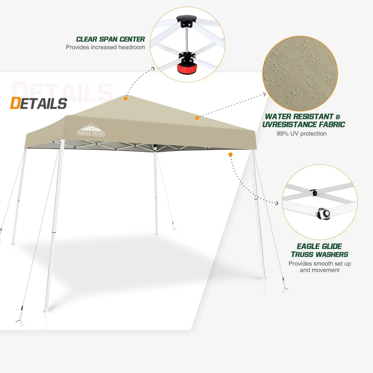 EAGLE PEAK 10x10 Slant Leg Pop-up Canopy Tent Easy One Person Setup Instant Outdoor Beach Canopy Folding Portable Sports Shelter 10x10 Base 8x8 Top (Light Beige)