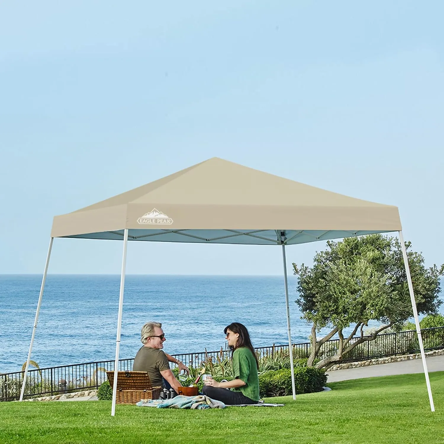 EAGLE PEAK 10x10 Slant Leg Pop-up Canopy Tent Easy One Person Setup Instant Outdoor Beach Canopy Folding Portable Sports Shelter 10x10 Base 8x8 Top (Light Beige)