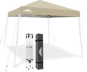 EAGLE PEAK 10x10 Slant Leg Pop-up Canopy Tent Easy One Person Setup Instant Outdoor Beach Canopy Folding Portable Sports Shelter 10x10 Base 8x8 Top (Light Beige)