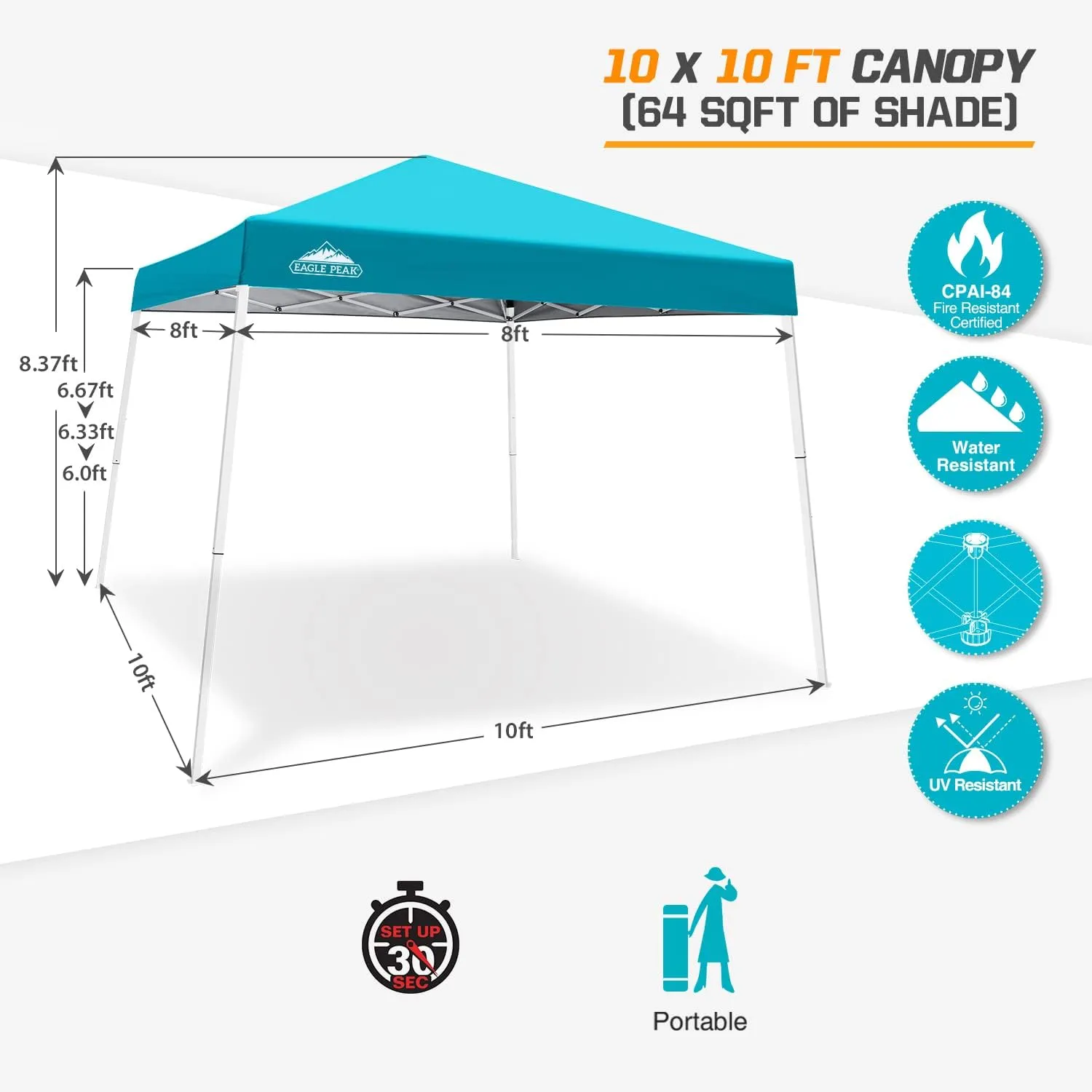 EAGLE PEAK 10x10 Slant Leg Pop-up Canopy Tent Easy One Person Setup Instant Outdoor Beach Canopy Folding Portable Sports Shelter 10x10 Base 8x8 Top (Turquoise)