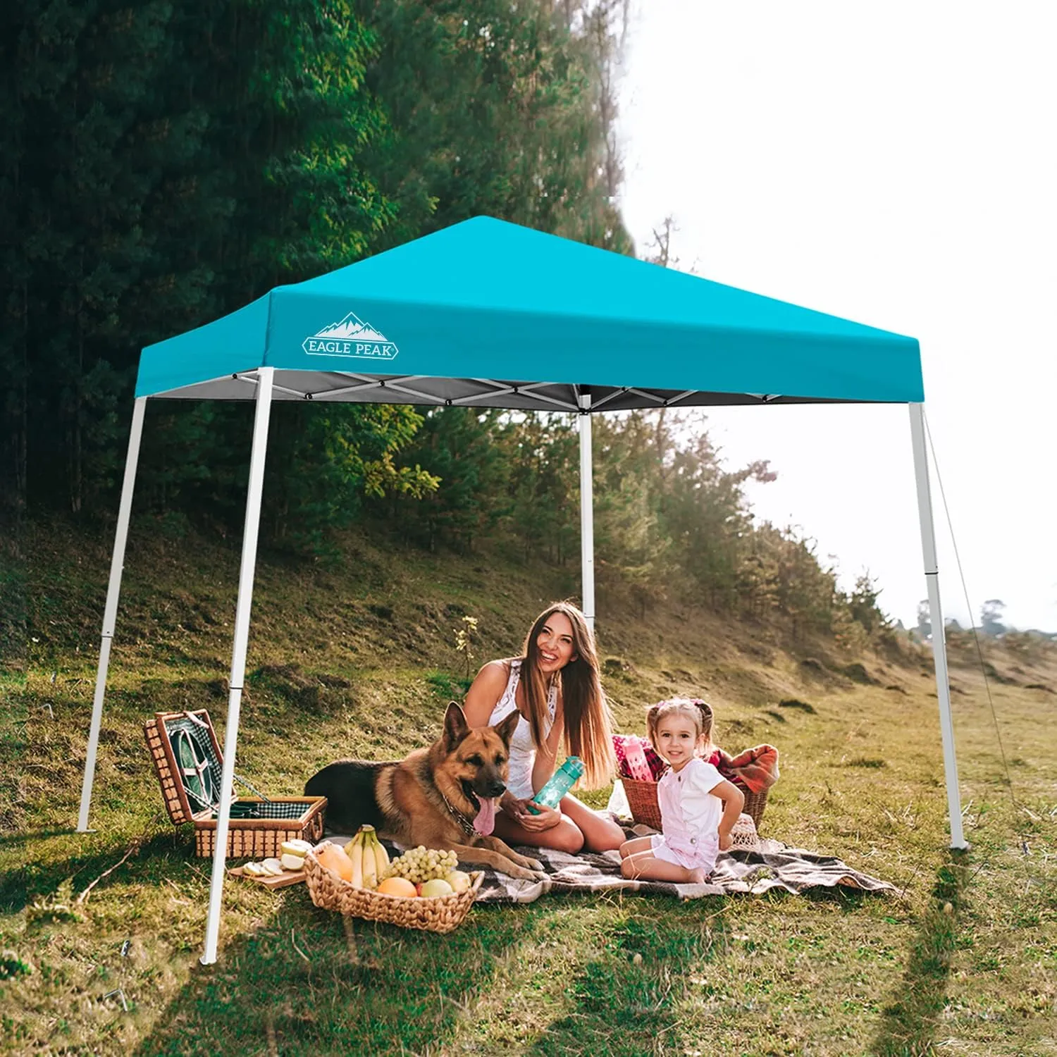 EAGLE PEAK 10x10 Slant Leg Pop-up Canopy Tent Easy One Person Setup Instant Outdoor Beach Canopy Folding Portable Sports Shelter 10x10 Base 8x8 Top (Turquoise)