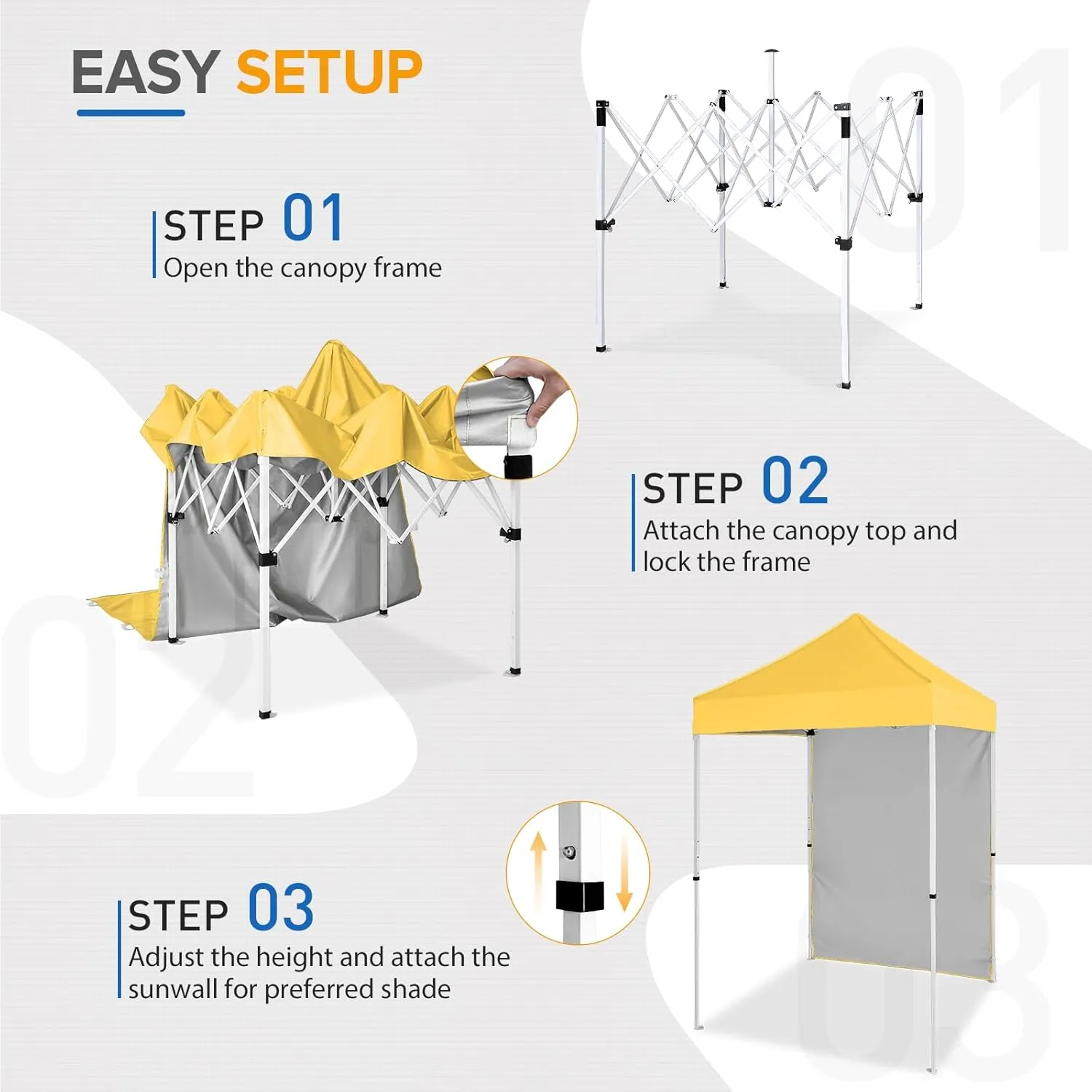 EAGLE PEAK Pop up Canopy 5x5, Outdoor Portable Canopy Tent with One Removable Sunwall, Carry Bag Included, Yellow