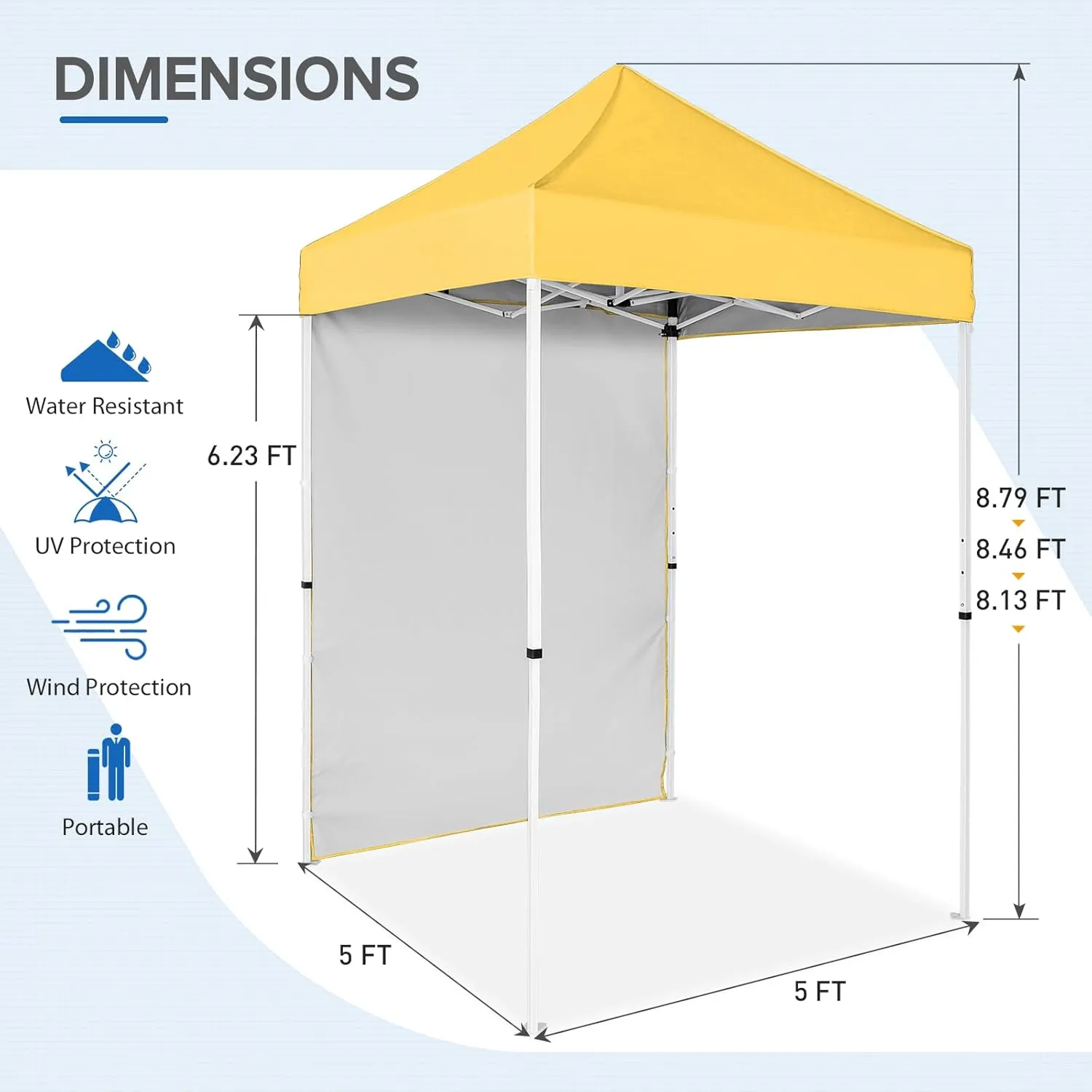 EAGLE PEAK Pop up Canopy 5x5, Outdoor Portable Canopy Tent with One Removable Sunwall, Carry Bag Included, Yellow