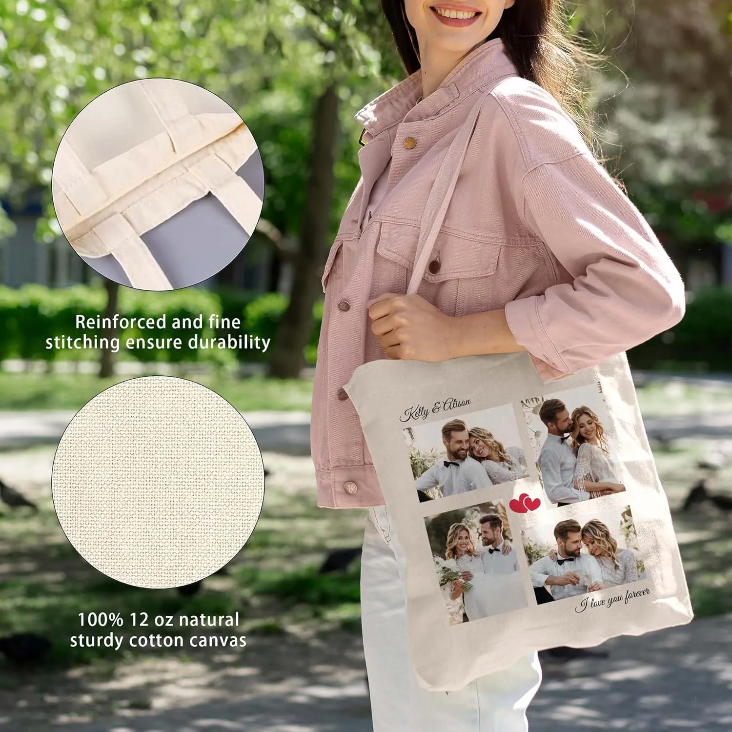 Easycosy Personalized Tote Bag Canvas Tote Bag with Picture Text Customized Reusable Grocery Bag Floral Gifts Bag for Women