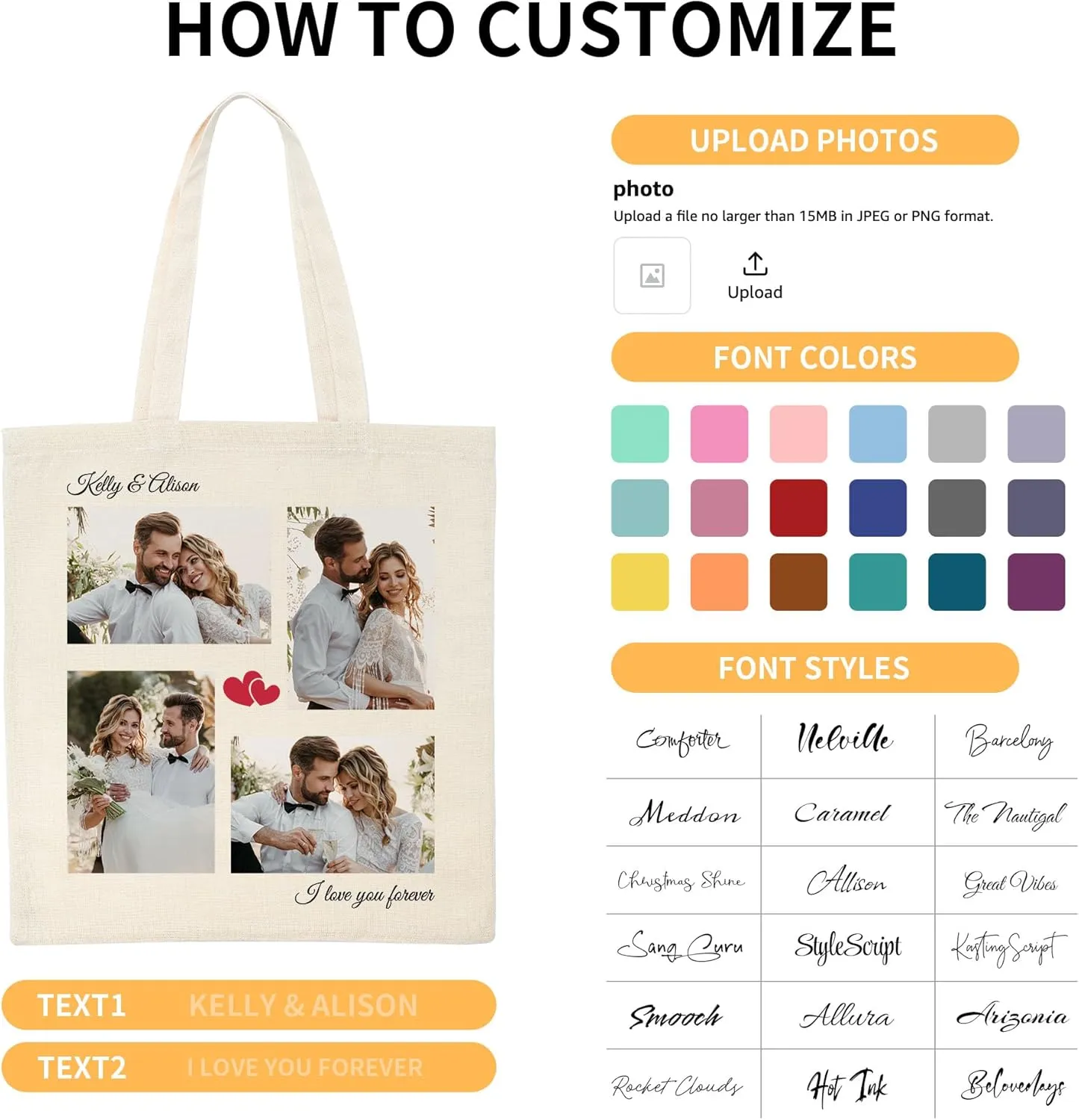 Easycosy Personalized Tote Bag Canvas Tote Bag with Picture Text Customized Reusable Grocery Bag Floral Gifts Bag for Women
