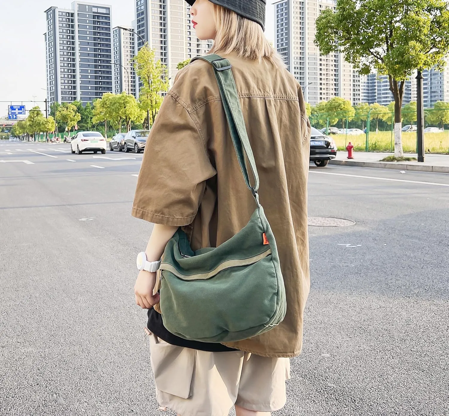 Economical Cotton Canvas Tote Bag,Women Hobo Shoulder Bag Crossbody Handbag with 3 External Pocket,Zipper Closure