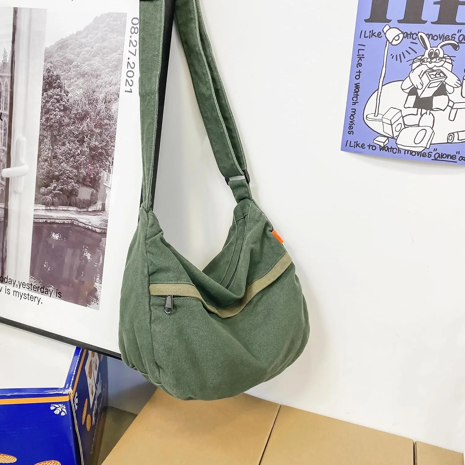 Economical Cotton Canvas Tote Bag,Women Hobo Shoulder Bag Crossbody Handbag with 3 External Pocket,Zipper Closure