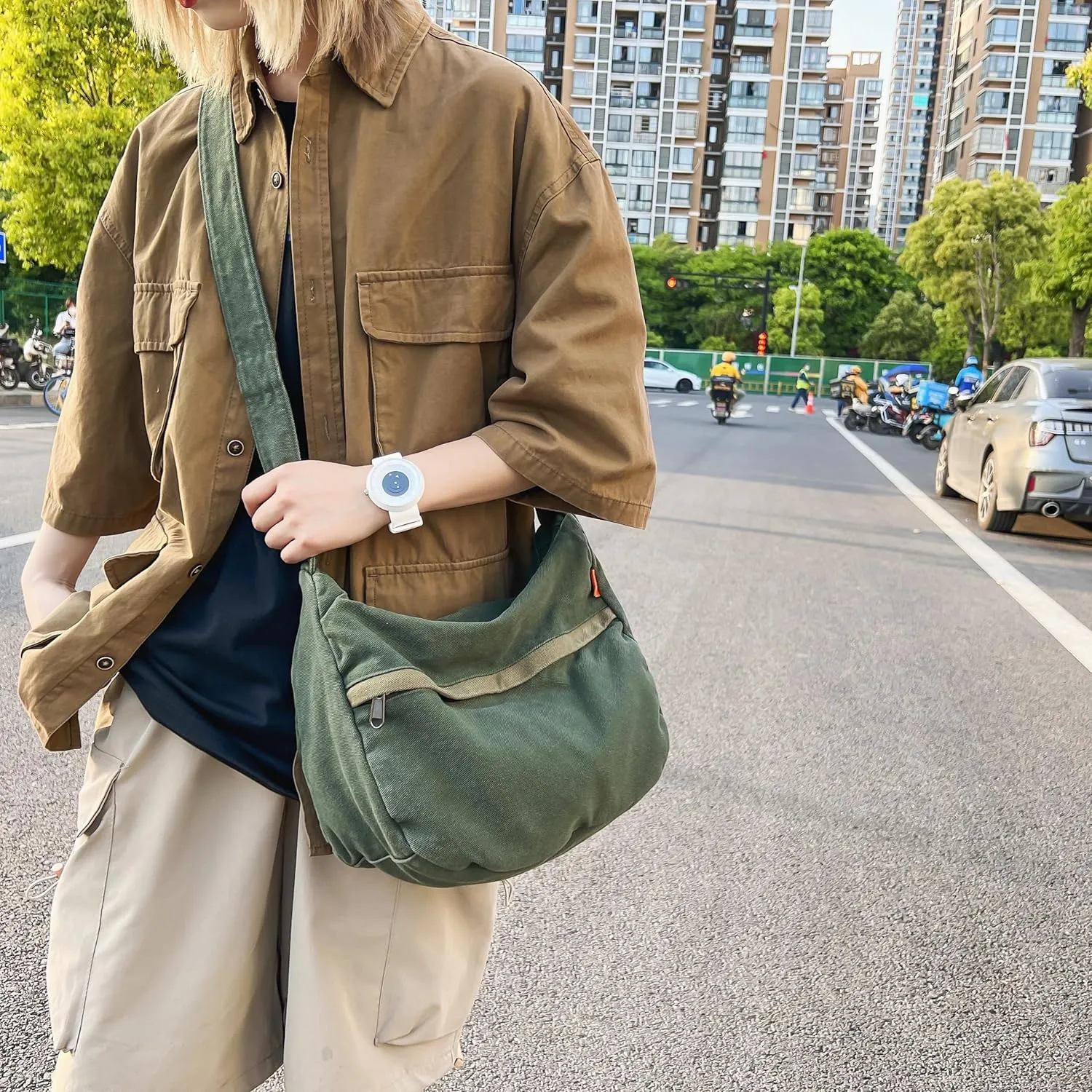 Economical Cotton Canvas Tote Bag,Women Hobo Shoulder Bag Crossbody Handbag with 3 External Pocket,Zipper Closure