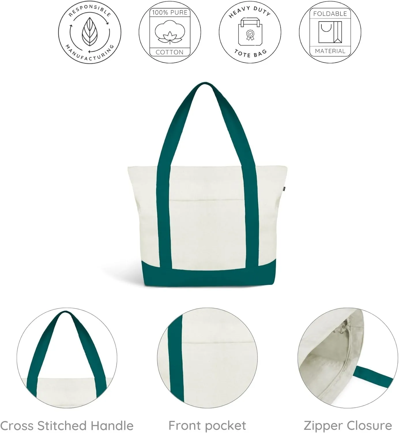 Ecoright Canvas Tote Bag for Women with Zip & Inner Pocket, 100% Organic Cotton Tote Bags for Men, Shopping, Beach