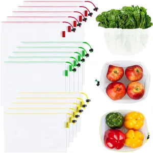 Ecowaare Set of 15 Reusable Mesh Produce Bags - Eco-Friendly - Washable and See-Through - with Colorful Tare Weight Tags - 3 Sizes