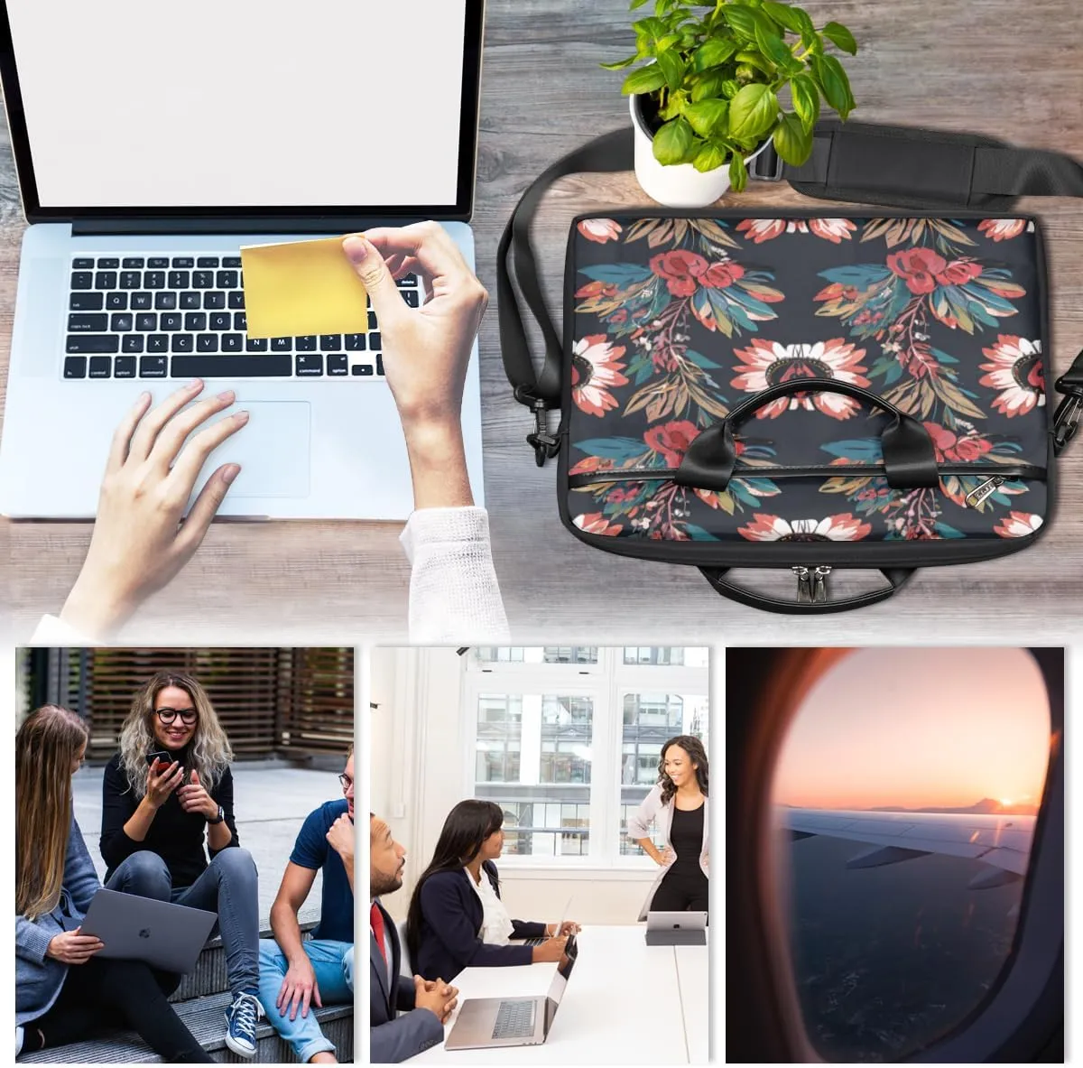 Elegant Flower Laptop Bag for Women Men 13-15 Inch Computer Briefcase Bag Lightweight Notebook Shoulder Messenger Bag