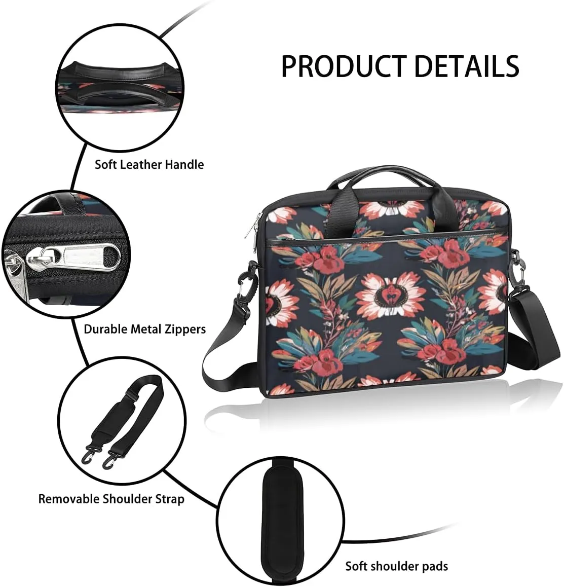 Elegant Flower Laptop Bag for Women Men 13-15 Inch Computer Briefcase Bag Lightweight Notebook Shoulder Messenger Bag