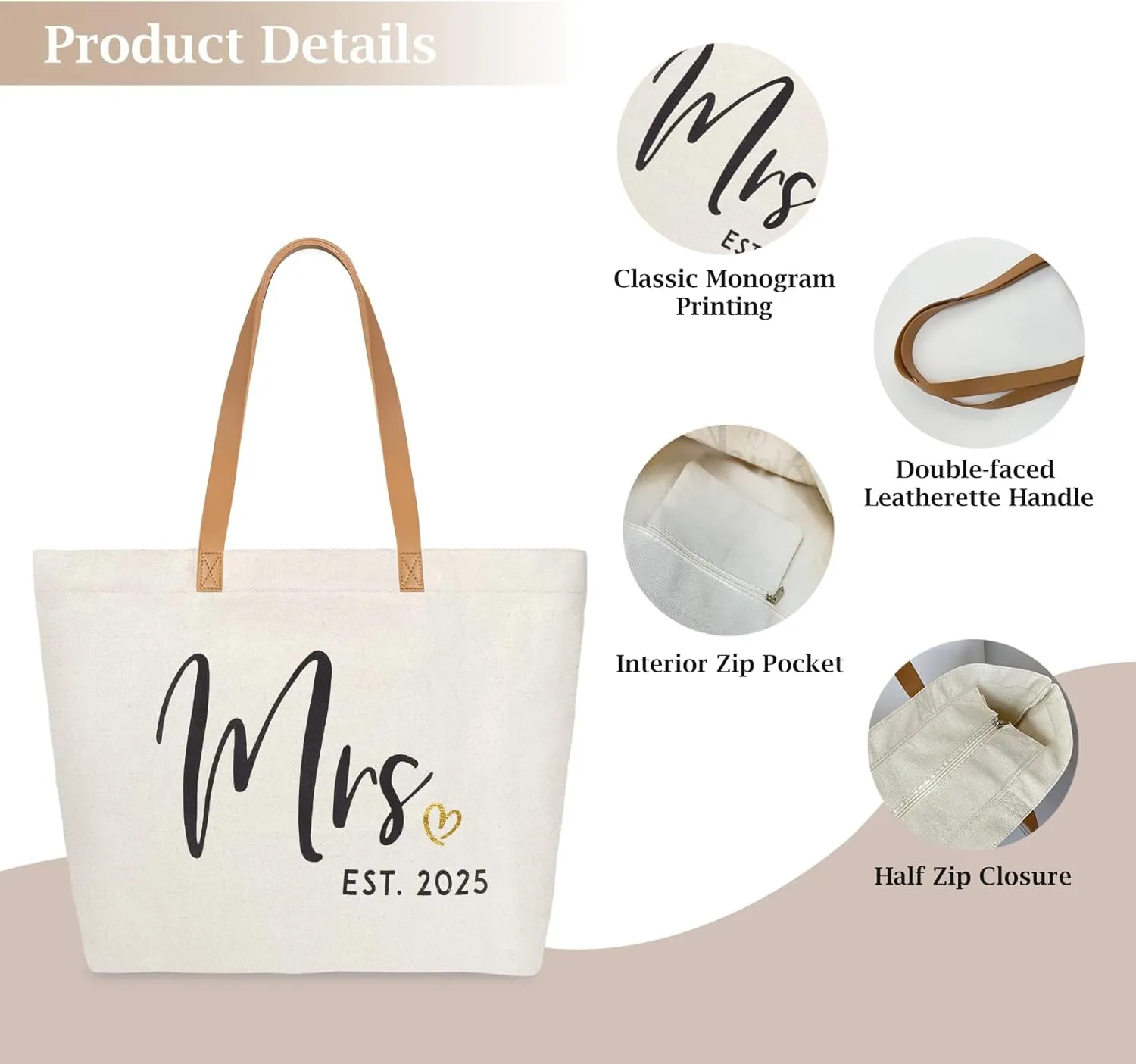 ELEGANTPARK Mrs Bag Mrs Gifts 2025 Bride Gifts Bride Tote Bag Wedding Bridal Shower Bachelorette Party Honeymoon Large Travel Canvas Totes with Zipper