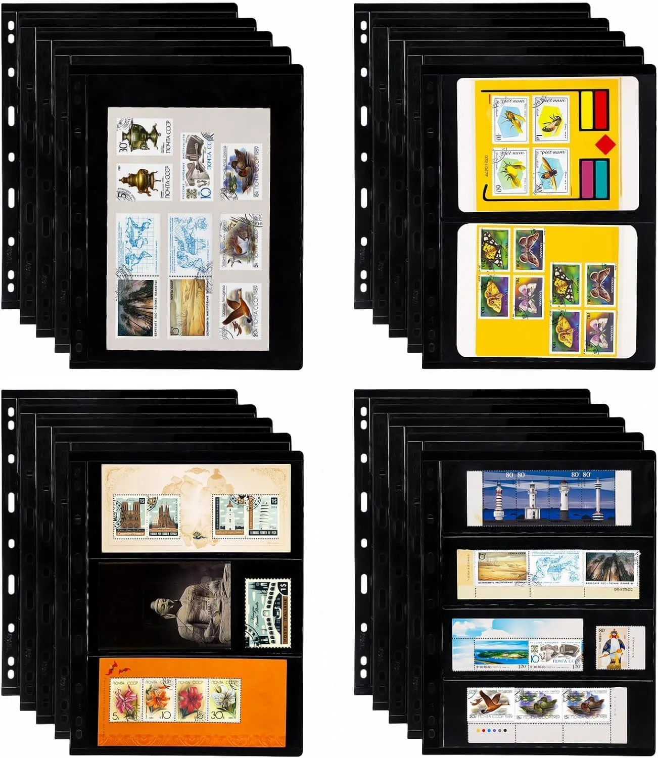 Elsjoy 20 Sheets 40 Pages Stamp Album Pages, 9-Hole Stamp Collection Inserts Double Sided Stamp Pages for Stamp Album Binder, Stamp Collecting Album Sheets for Stamp Display, 4 Mixed Sizes, Black