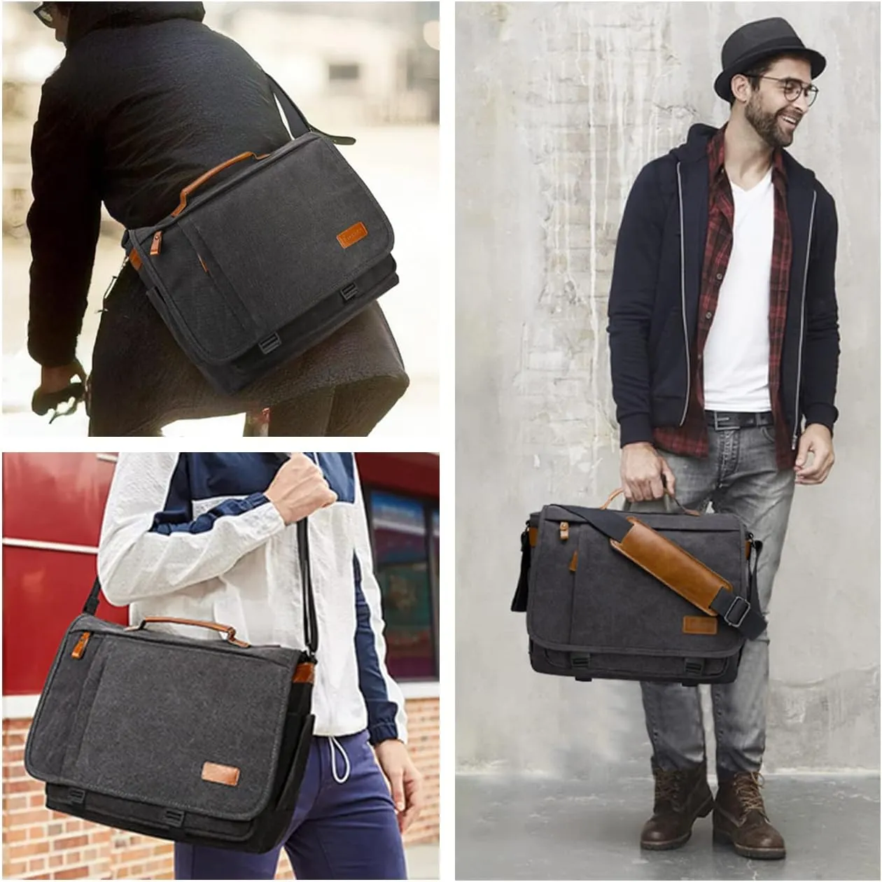 ESTARER Computer Messenger Bag 15-15.6 inch, Water-resistant Canvas Work Bag Briefcase, Laptop ShoulderSatchel with Buckles, Grey