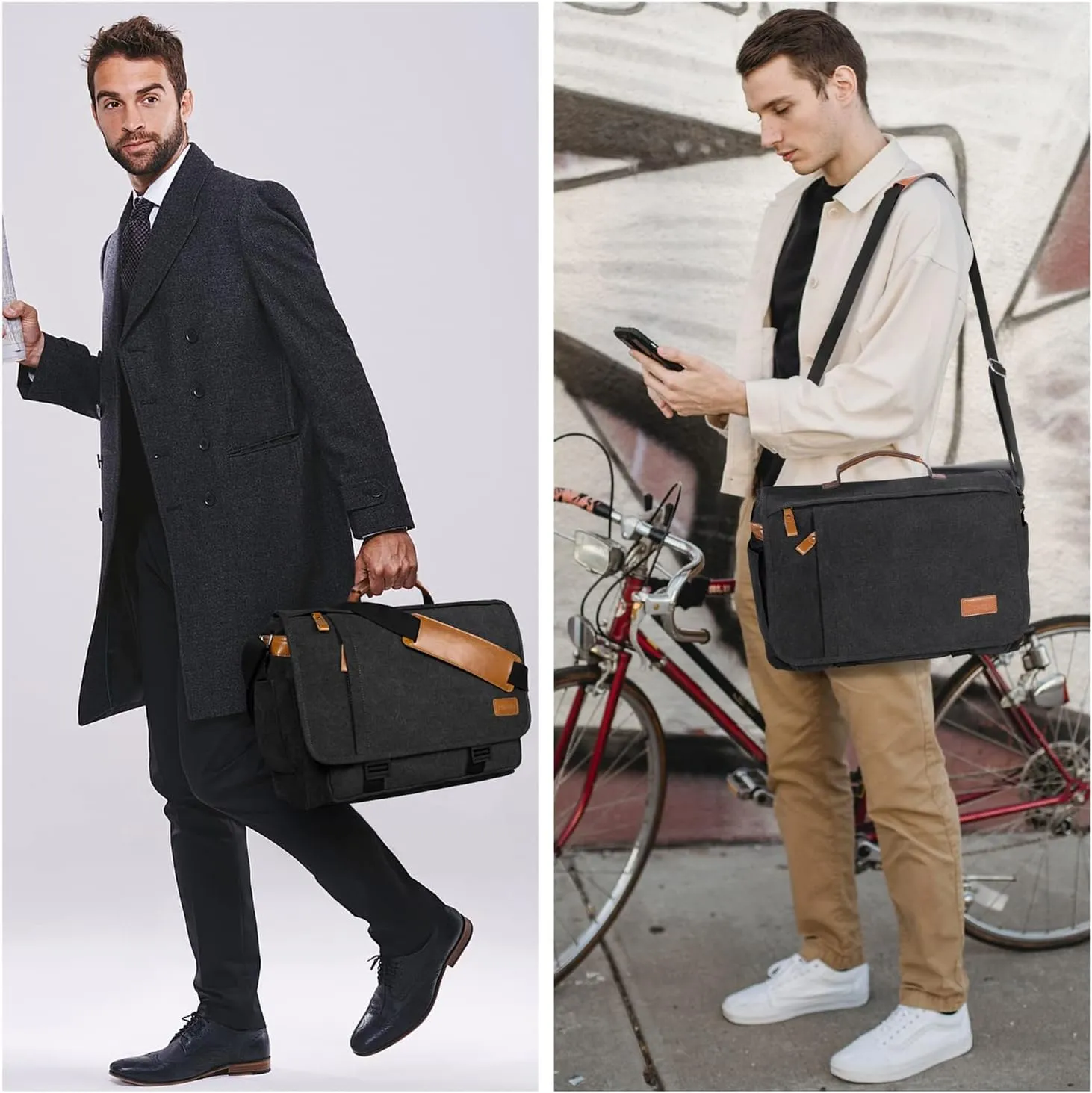 ESTARER Men Messenger Bag 15.6 inch, Water-resistant Canvas Computer Work Bag, Laptop Shoulder Bag Briefcase Satchel, Dark Grey